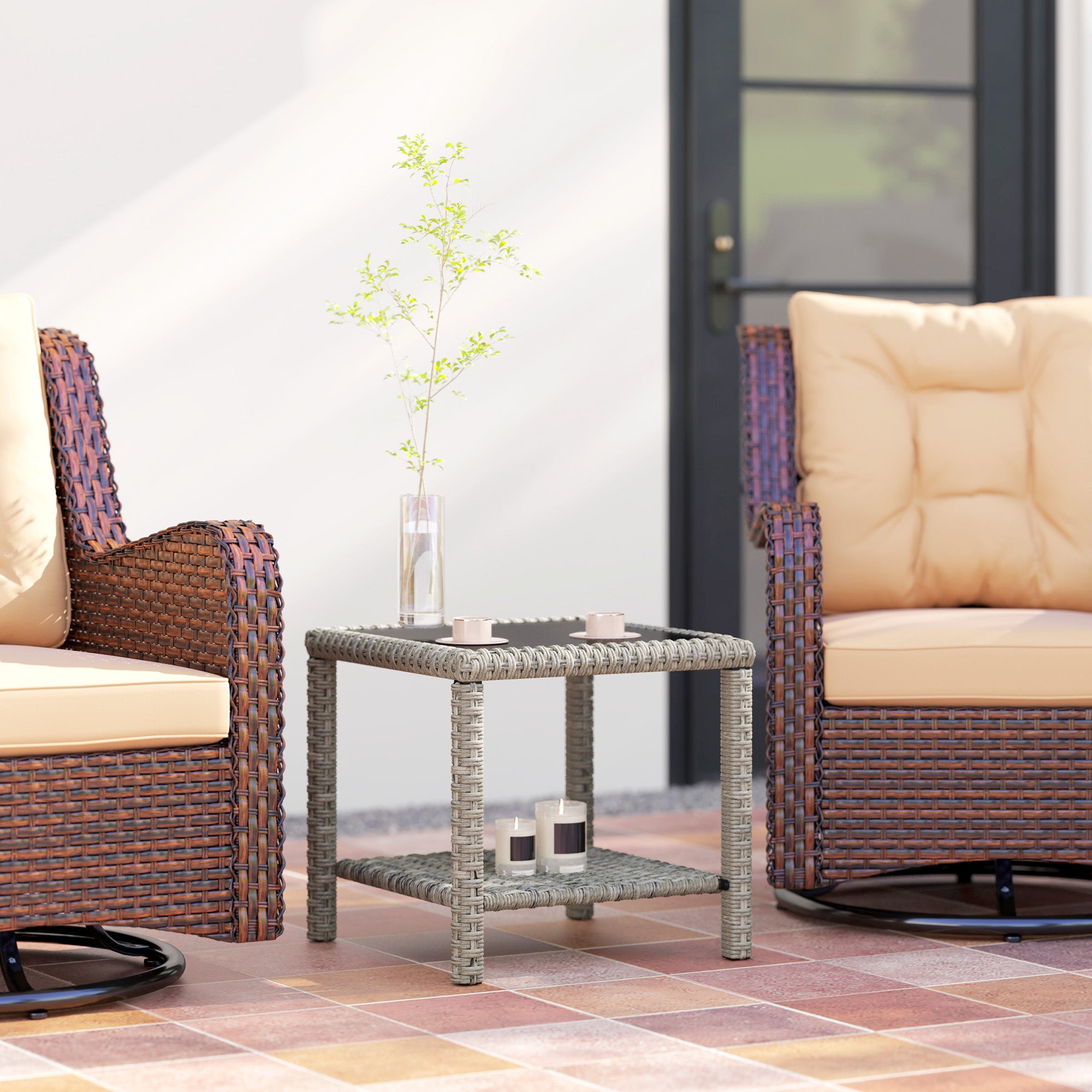 19" Outdoor Wicker Coffee Table with Glass Top, Storage Shelf for Garden Porch Balcony Deck, Dark Grey