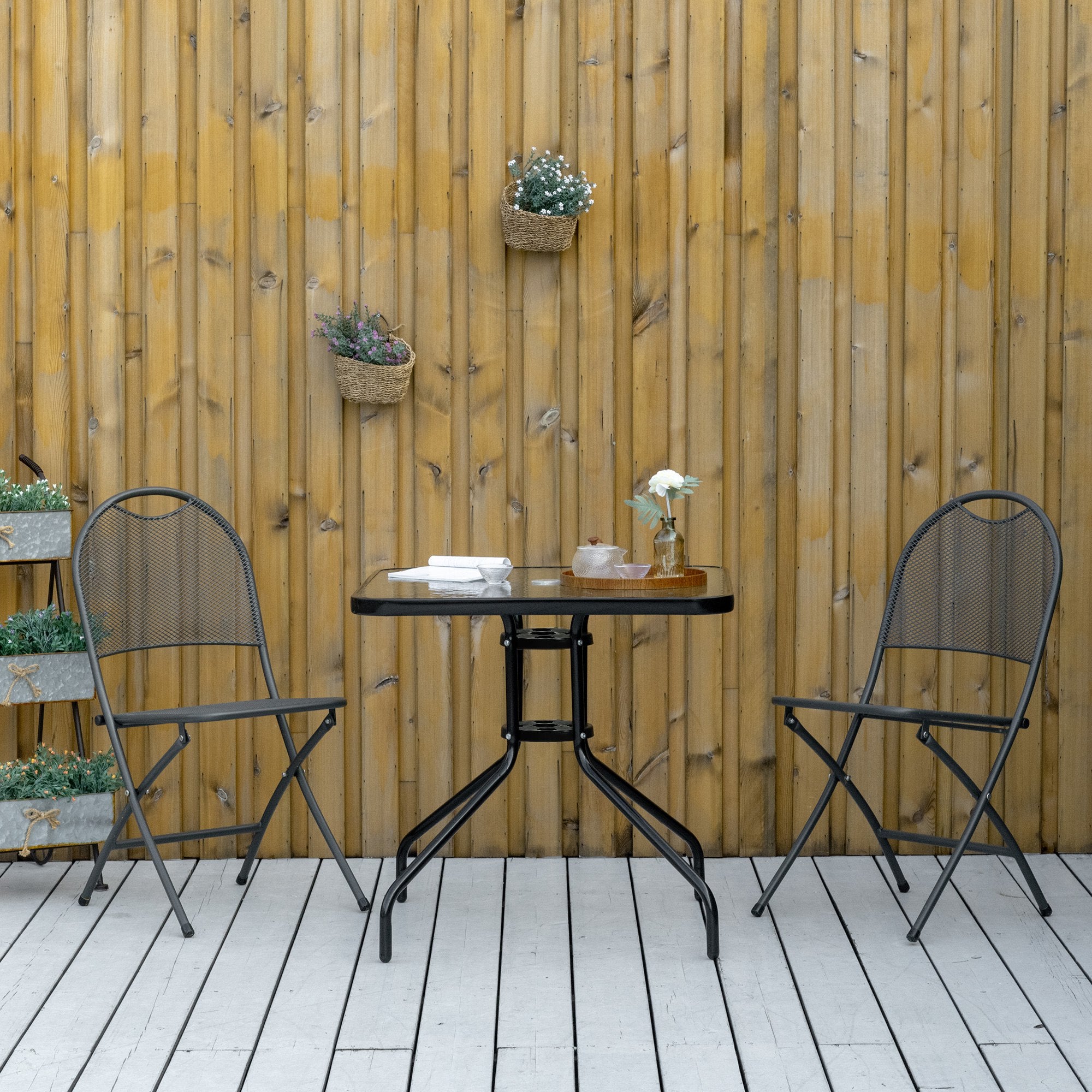 Square Patio Dining Table with Umbrella Hole Tempered Glass Top Outdoor Dining Table for Garden Balcony Black