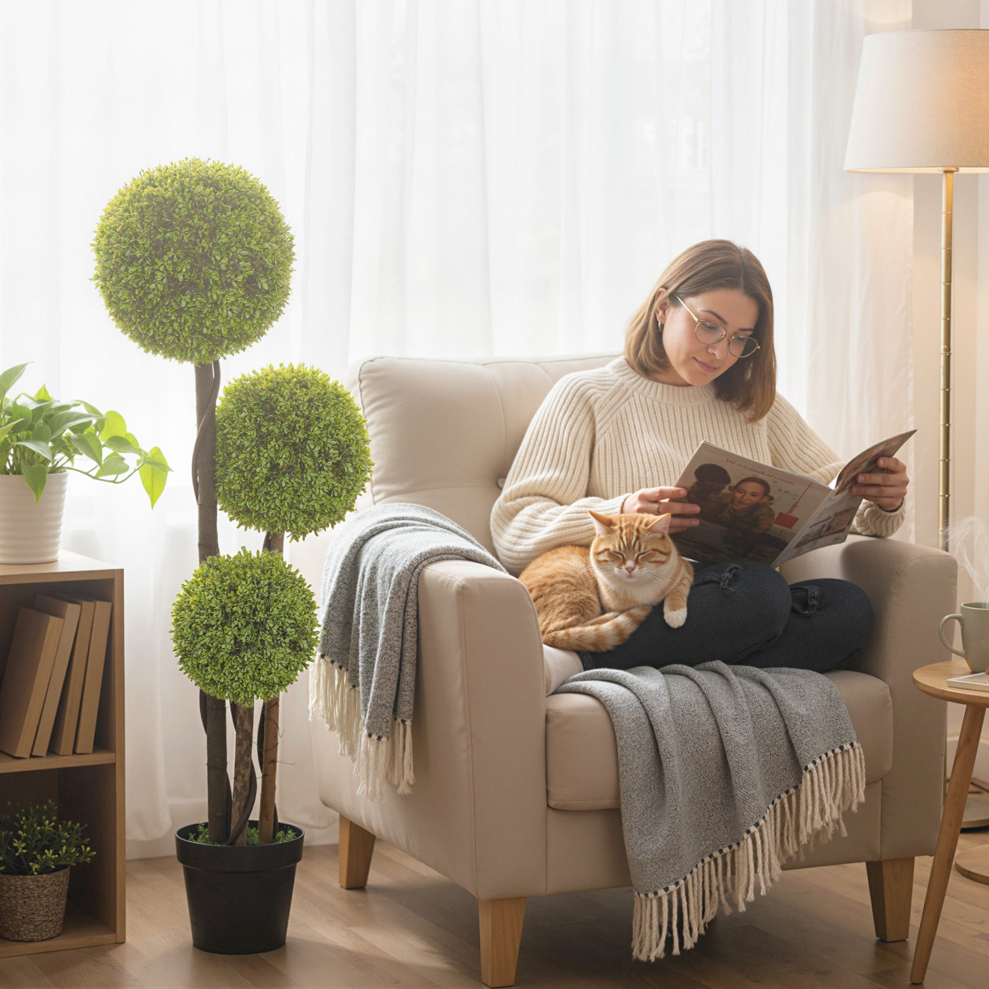 45 Inch Potted Fake Plant Set of 2, Artificial Boxwood Topiary Tree, Triple Ball Tree for Indoor and Outdoor, Green