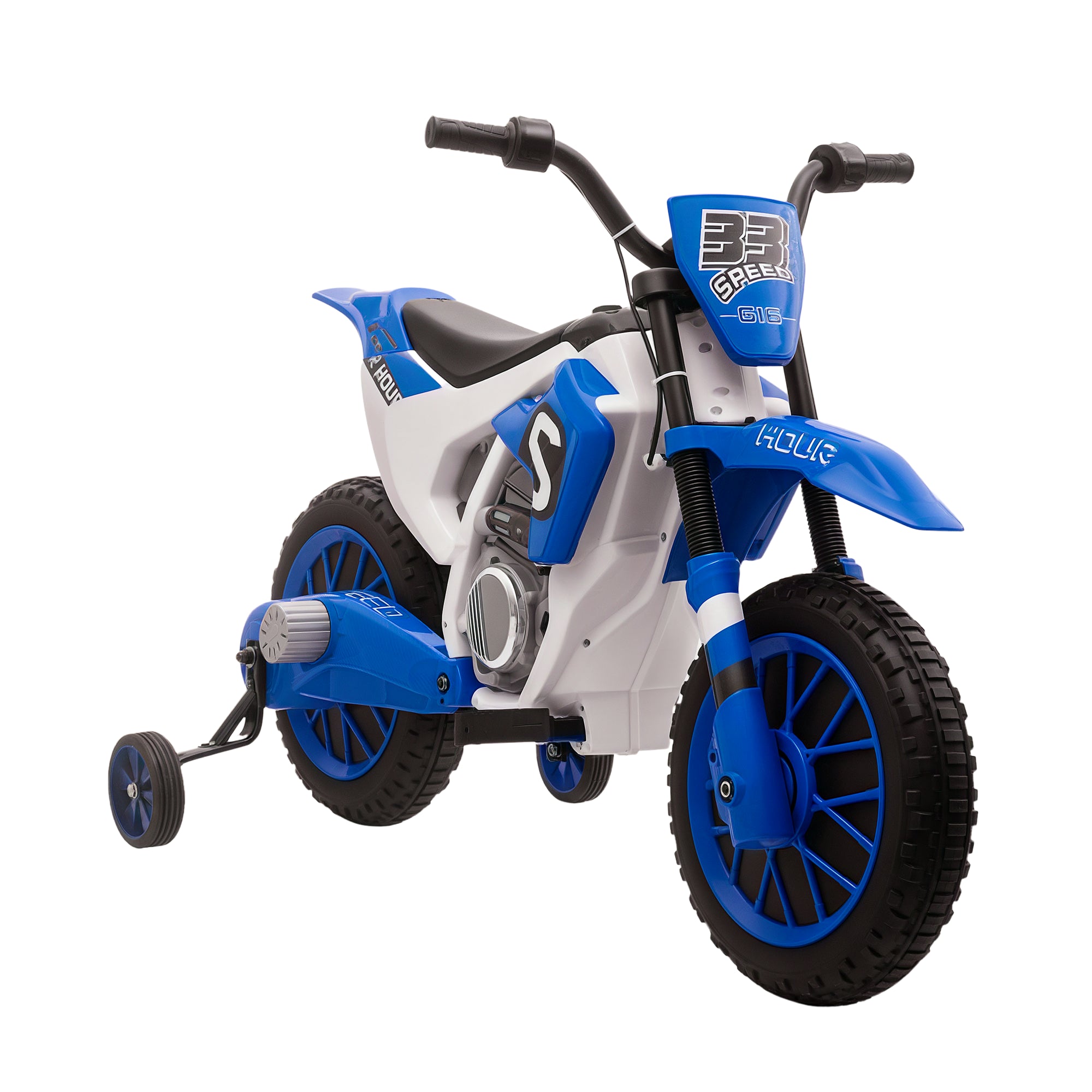 Aosom Kids Dirt Bike Battery-Powered Ride-On Electric Motorcycle with Charging 12V Battery, Training Wheels Blue