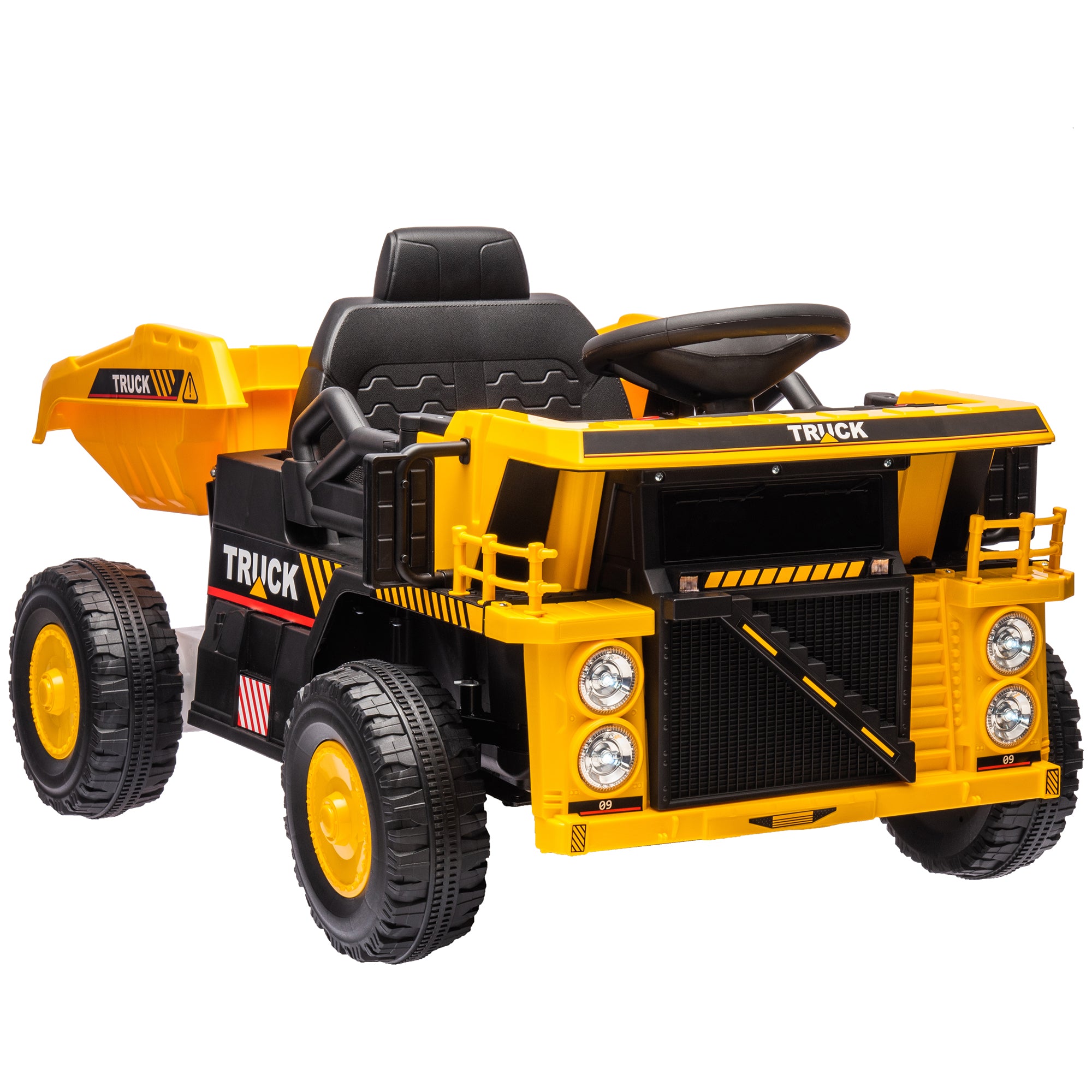 Qaba 12V Kids Ride On Dump Truck Construction Vehicle w/ Electric Dump Bed, Shovel, Spring Suspension Wheels