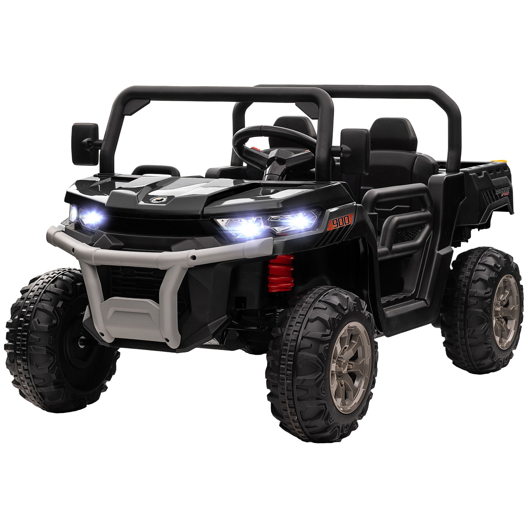 Aosom 12V Ride on Car with Electric Bucket, Two-Seater, Shovel, Remote Control, Spring Suspension, Horn, Music, Black