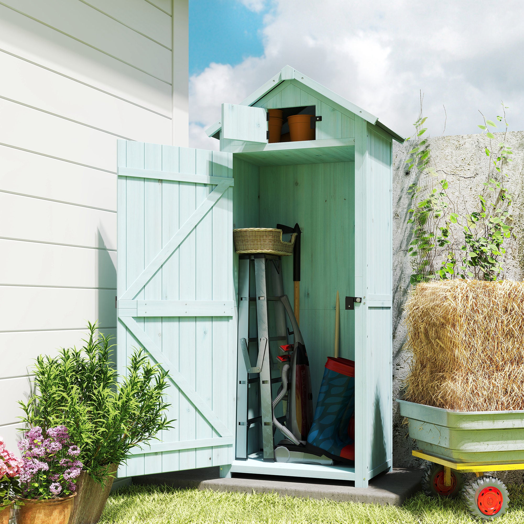 30" x 21" x 71" Garden Storage Shed, Outdoor Tool Utility Storage House  with 3 Tier Shelves and Roof, Blue