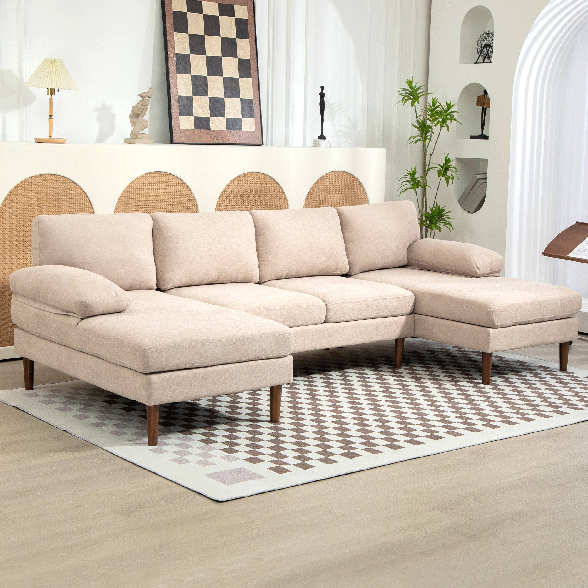 U Shape Couch with Double Chaise Lounge, Modern 4 Seater Sofa with Wooden Legs, Fabric Sofa for Living Room, Beige