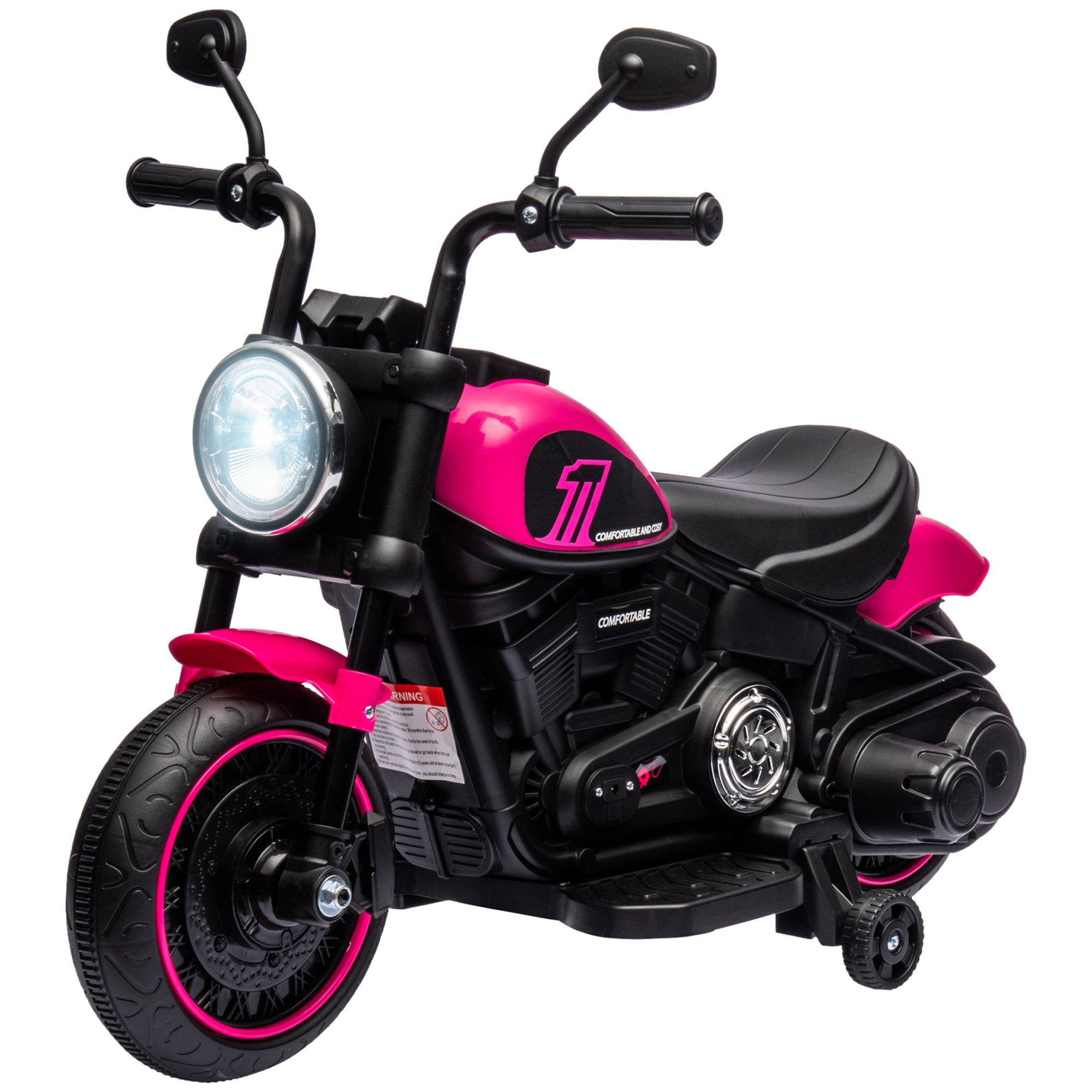 Aosom 6V Kids Motorcycle with Training Wheels, Foot Pedal, Headlight, Music, Forward/Reverse, Single-Button Start, Pink
