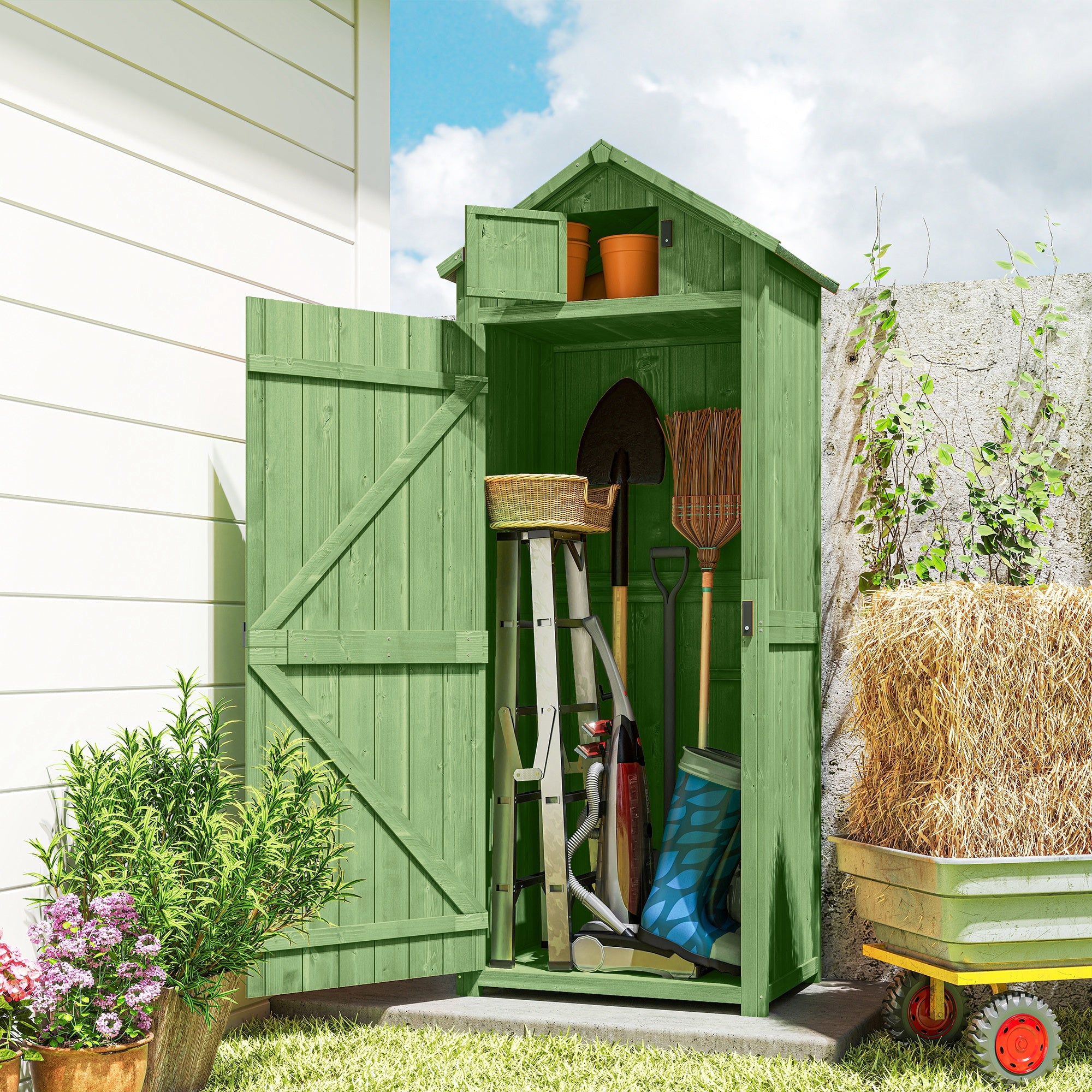 30" x 21" x 71" Garden Storage Shed, Outdoor Tool Utility Storage House  with 3 Tier Shelves and Roof, Green
