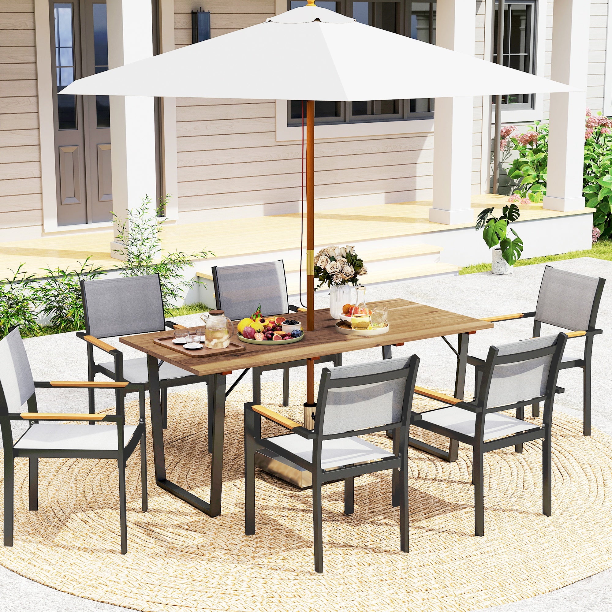 Wooden Outdoor Dining Table for 6 with 2" Umbrella Hole, Slatted Tabletop, Metal Frame, for Yard, Deck, Lawn