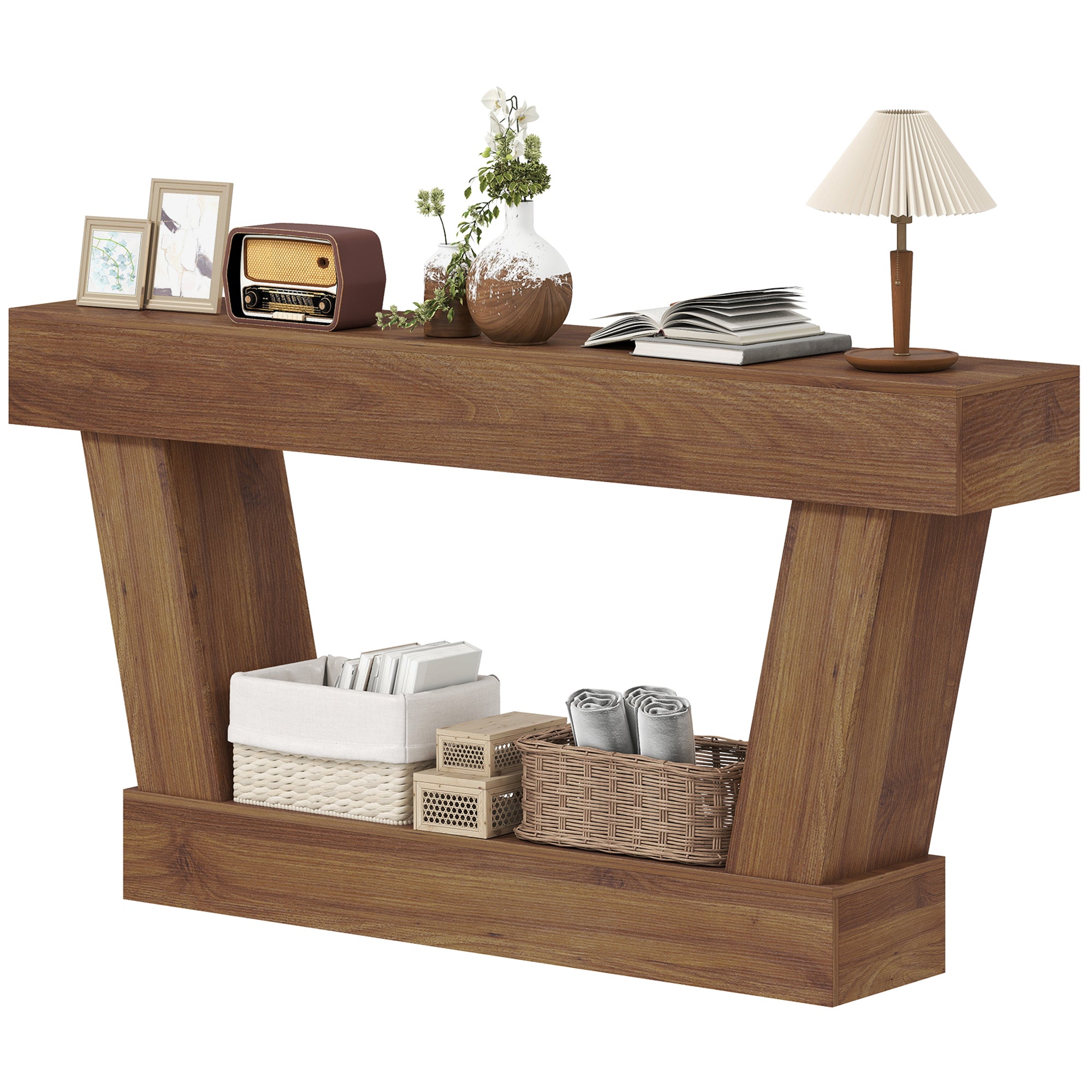 63 Inch Vintage Console Table, Narrow Entryway Table with Open Shelf for Living Room, Dark Brown