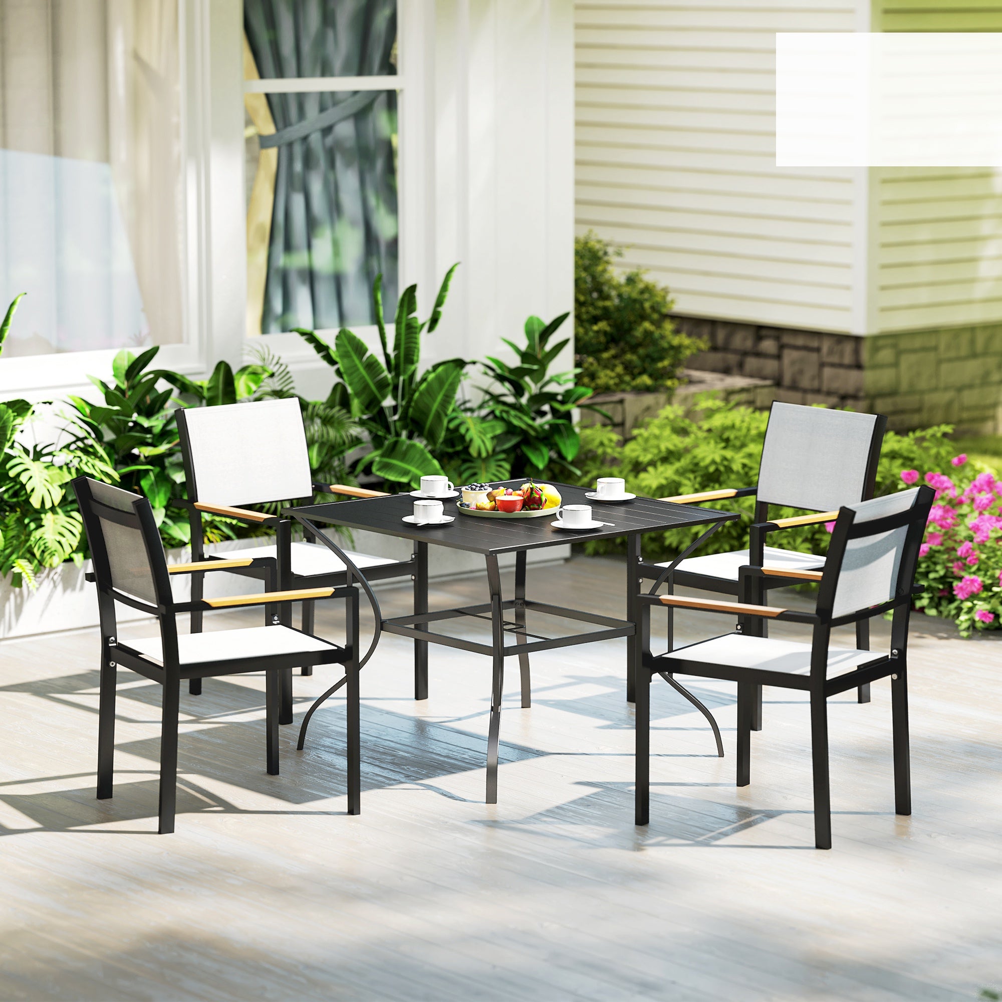 Square Outdoor Patio Dining Table, Garden Table with Umbrella Hole, Slatted Metal Top for Backyard, Poolside, Dark Grey