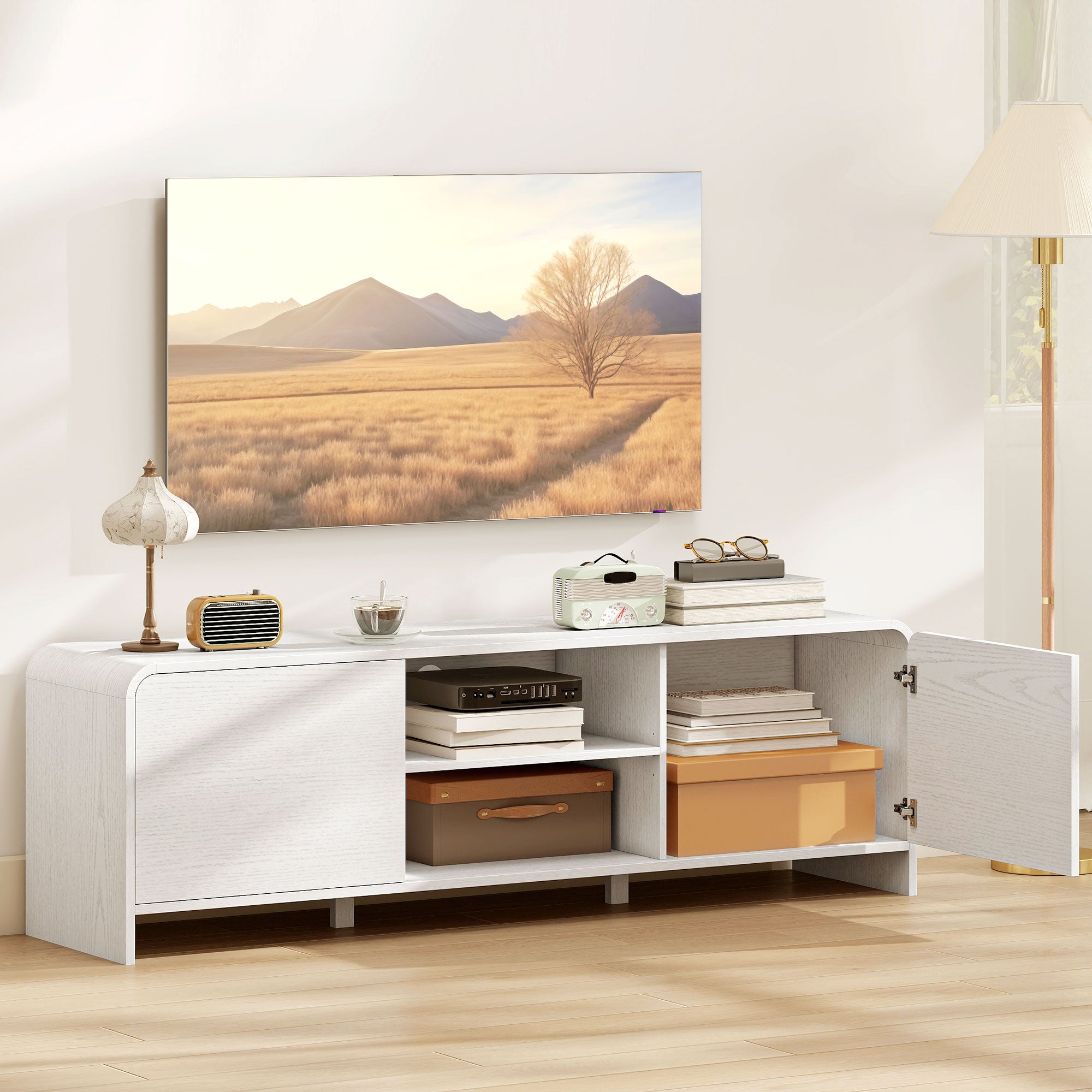 TV Stand for up to 65 Inch TV, Nordic Entertainment Center with 2 Cabinets and 2 Open Shelves for Living Room, White