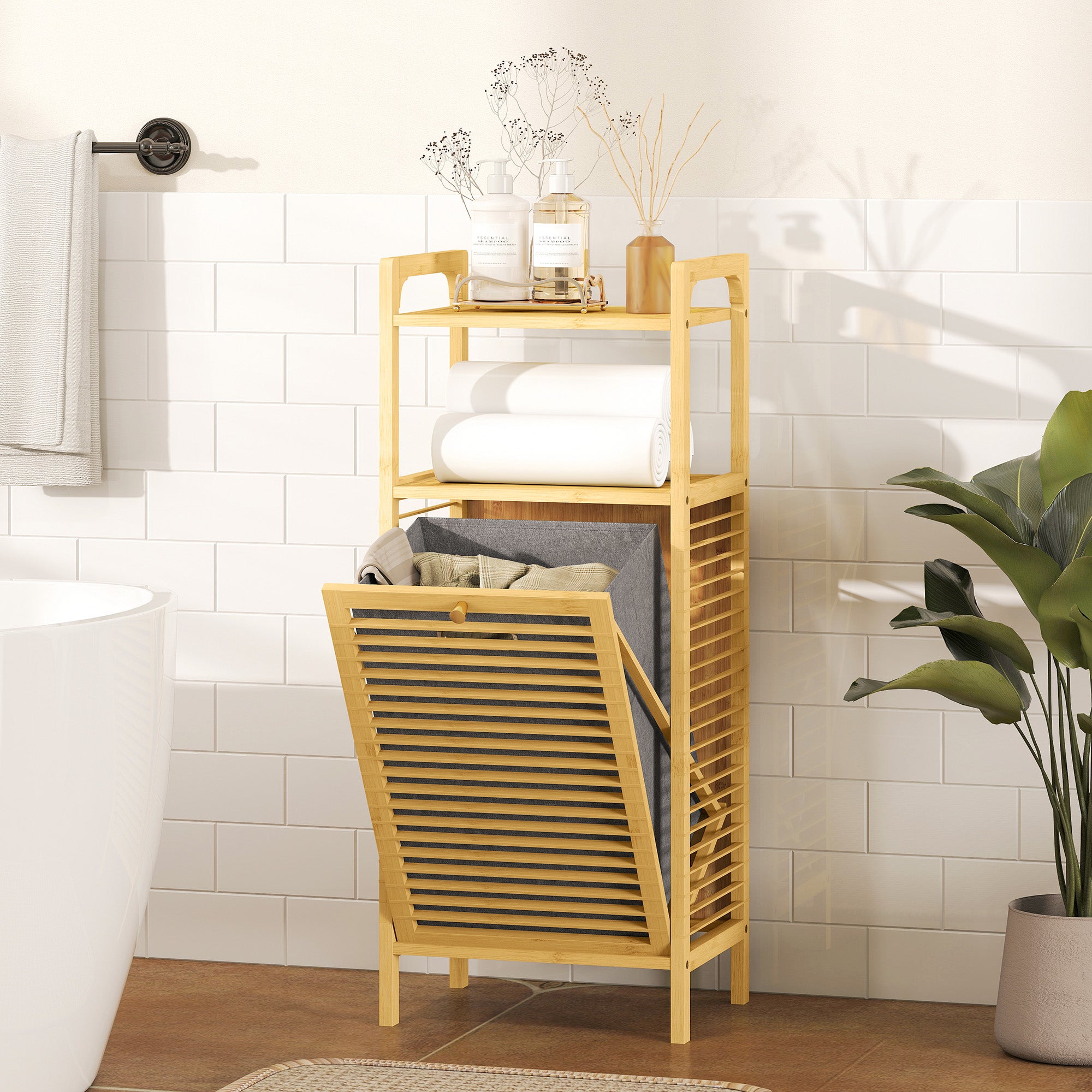 Bamboo Laundry Cabinet, Tilt Out Laundry Hamper with Removable Basket and Open Shelves, Natural