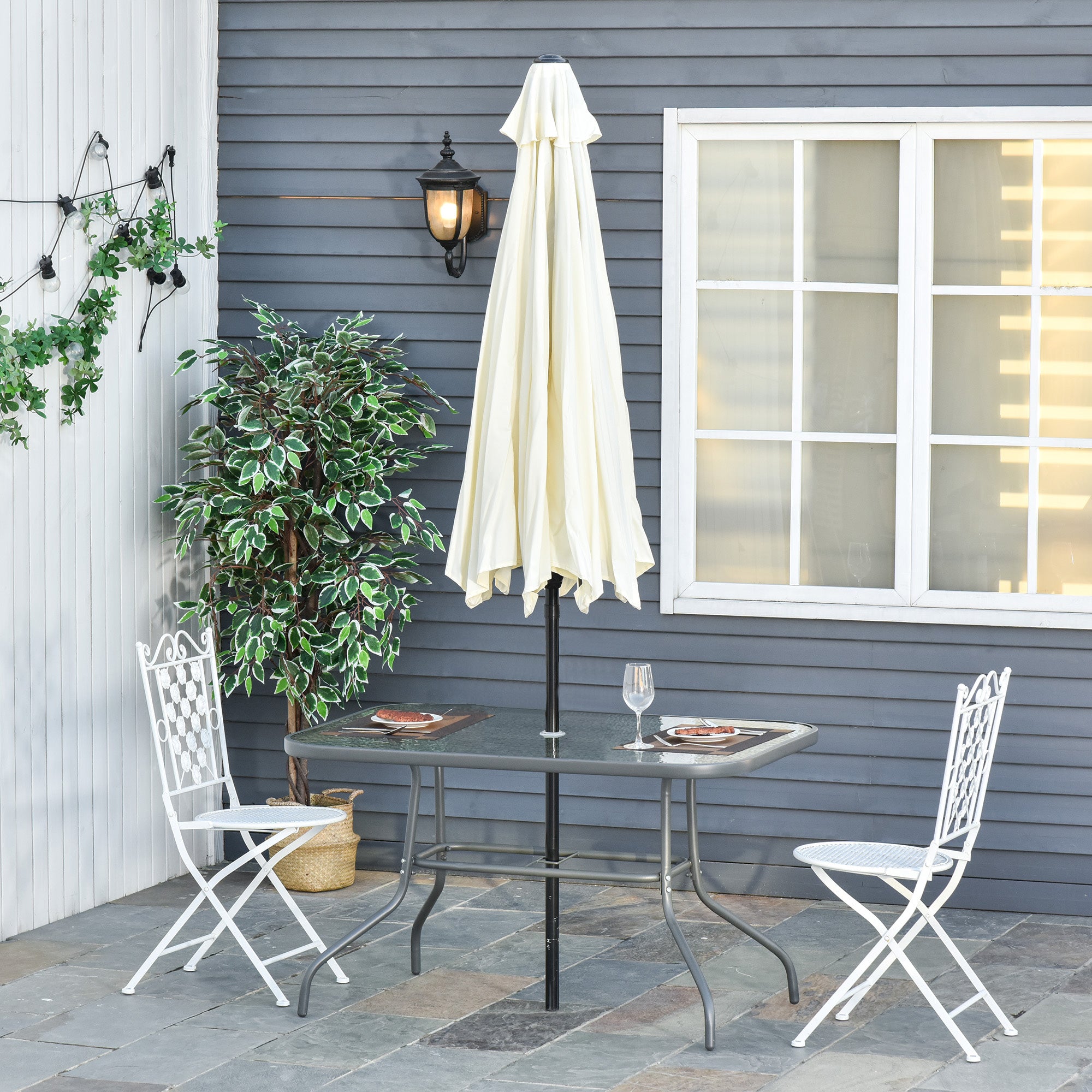 Metal Garden Dining Table with Umbrella Hole, Outdoor Patio Table with Tempered Glass Top, 47.25" x 31.5"