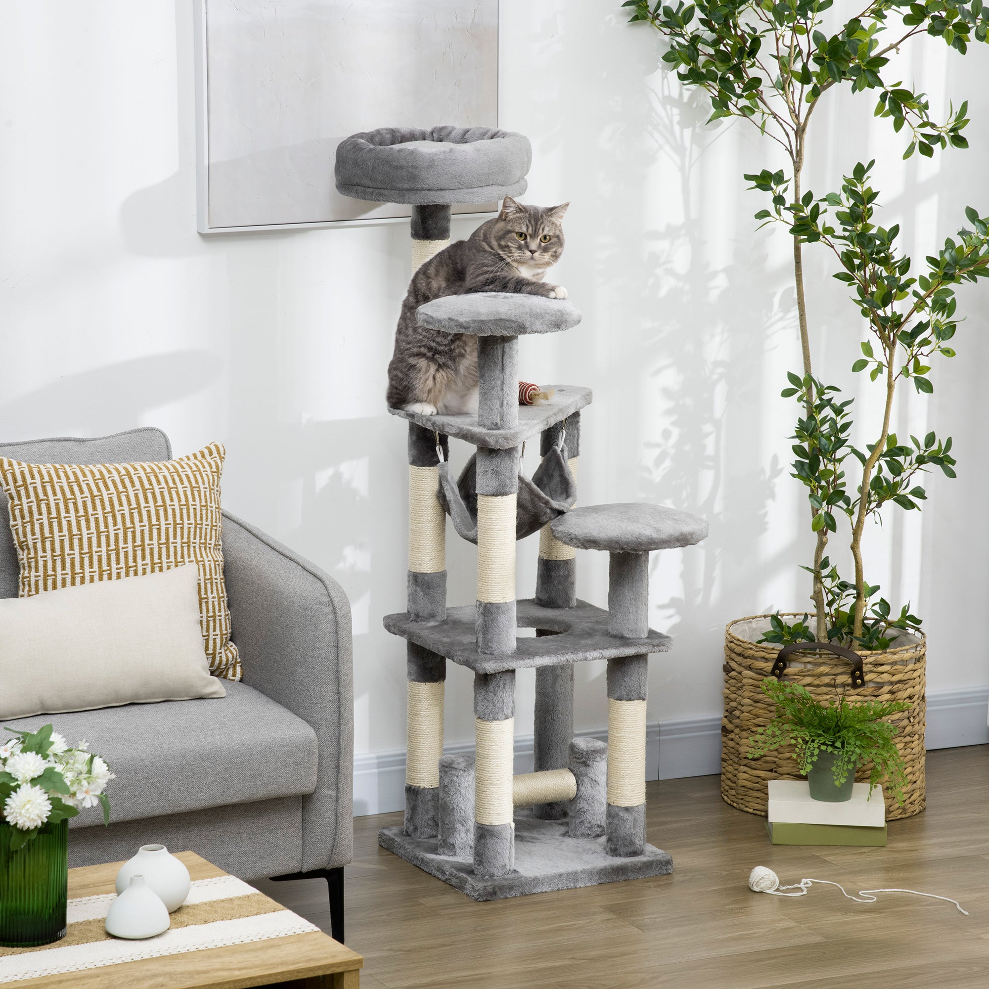 52" Multi-Level Cat Tree Tower, Kitten Scratcher Activity Center Play House with Hammock - Grey