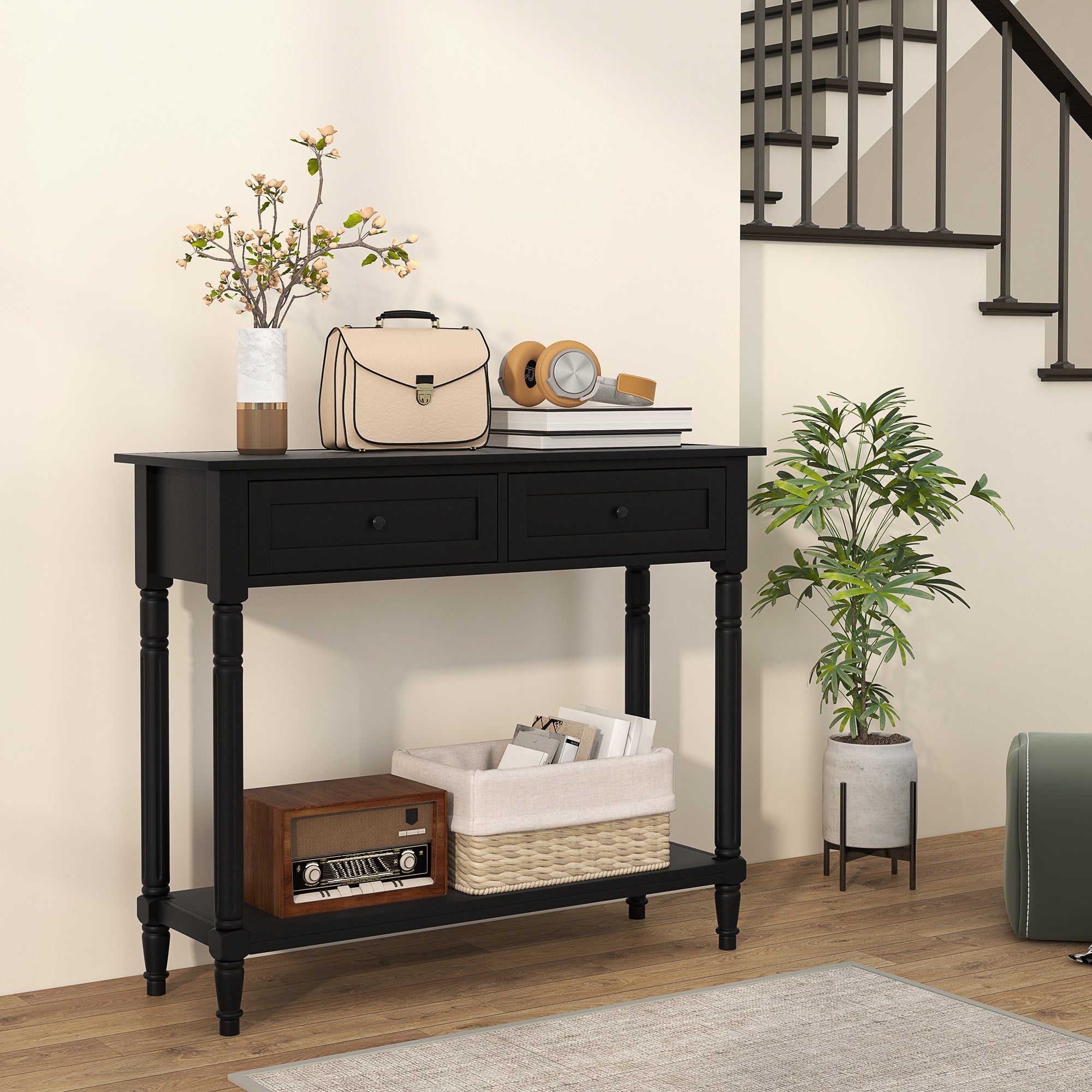 Hallway Console Table, Modern Entryway Table with 2 Drawers, Storage Shelf, Turned Legs for Living Room, Bedroom, Black