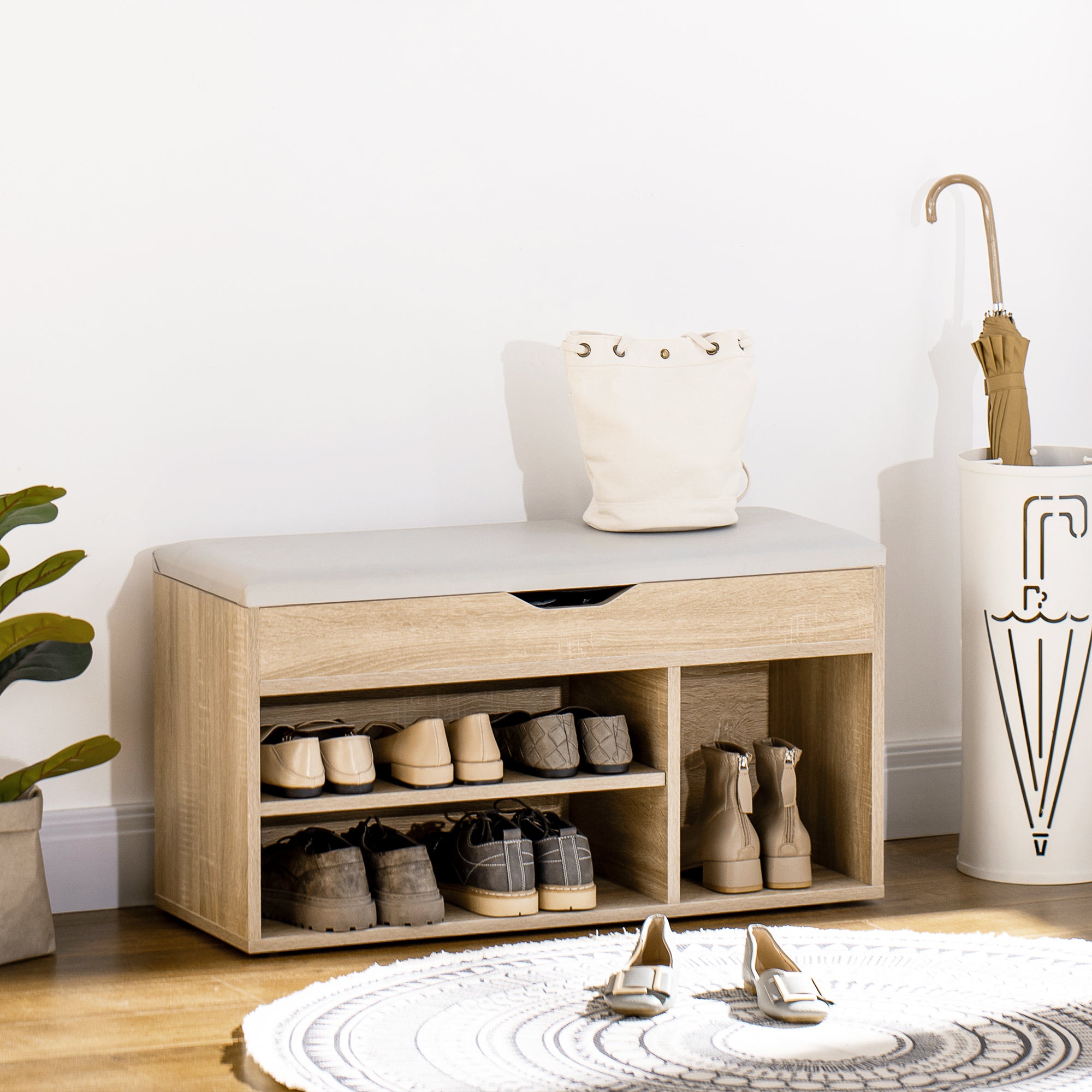 Shoe Bench Entryway Storage Rack with Padded Cushion, Hidden Storage for Hallway, Living Room, Natural