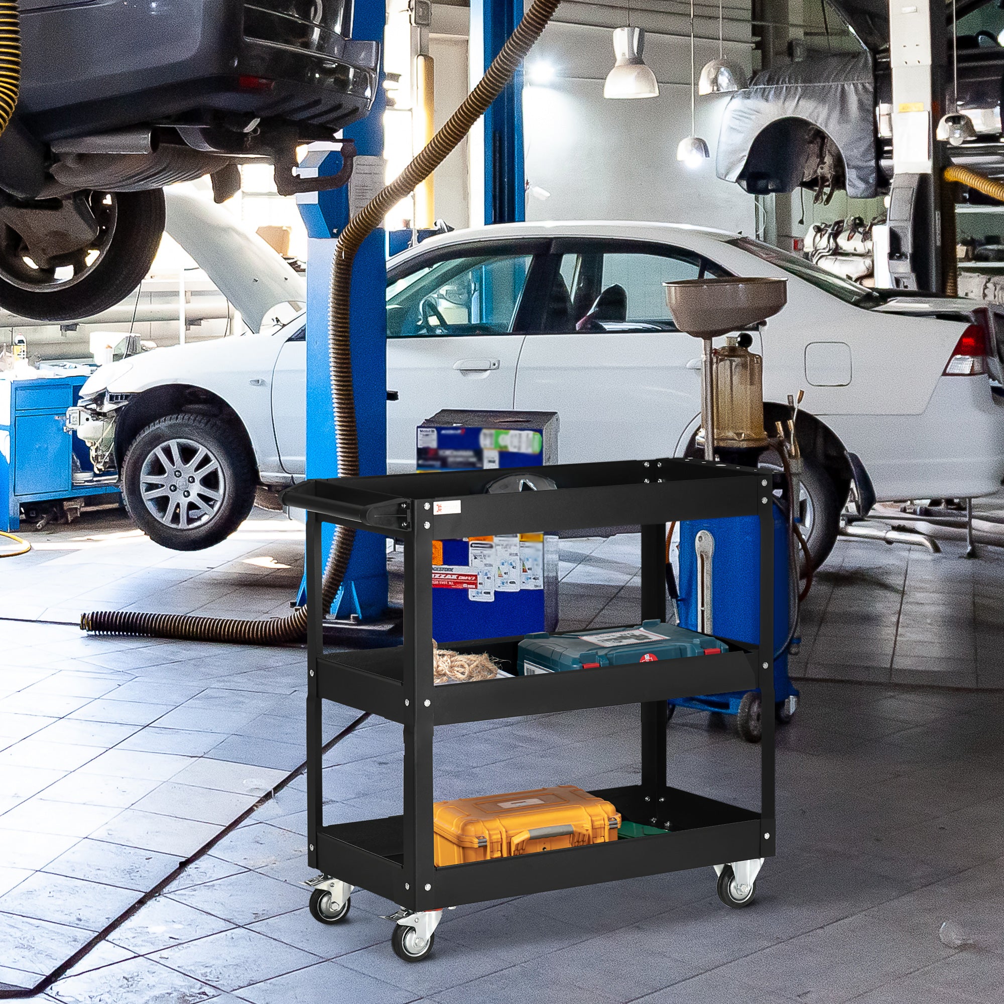 3 Tier Rolling Tool Cart with Wheels, 330 LBS Capacity Heavy Duty Utility Cart, Mobile Service Cart for Garage, Black