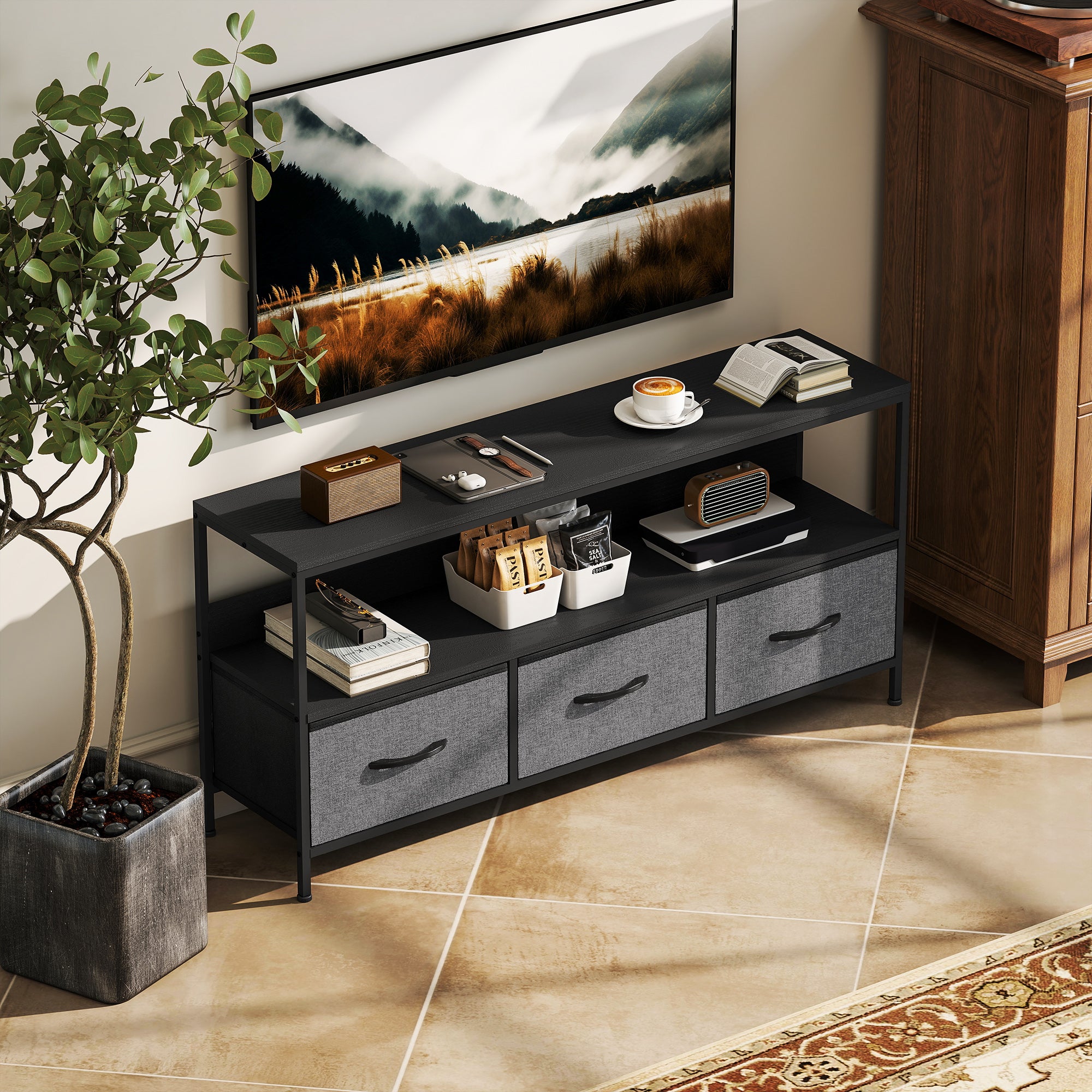 TV Stand with Charging Station, TV Table with 3 Foldable Linen Drawers and Open Shelf for 55 Inch Television, Black