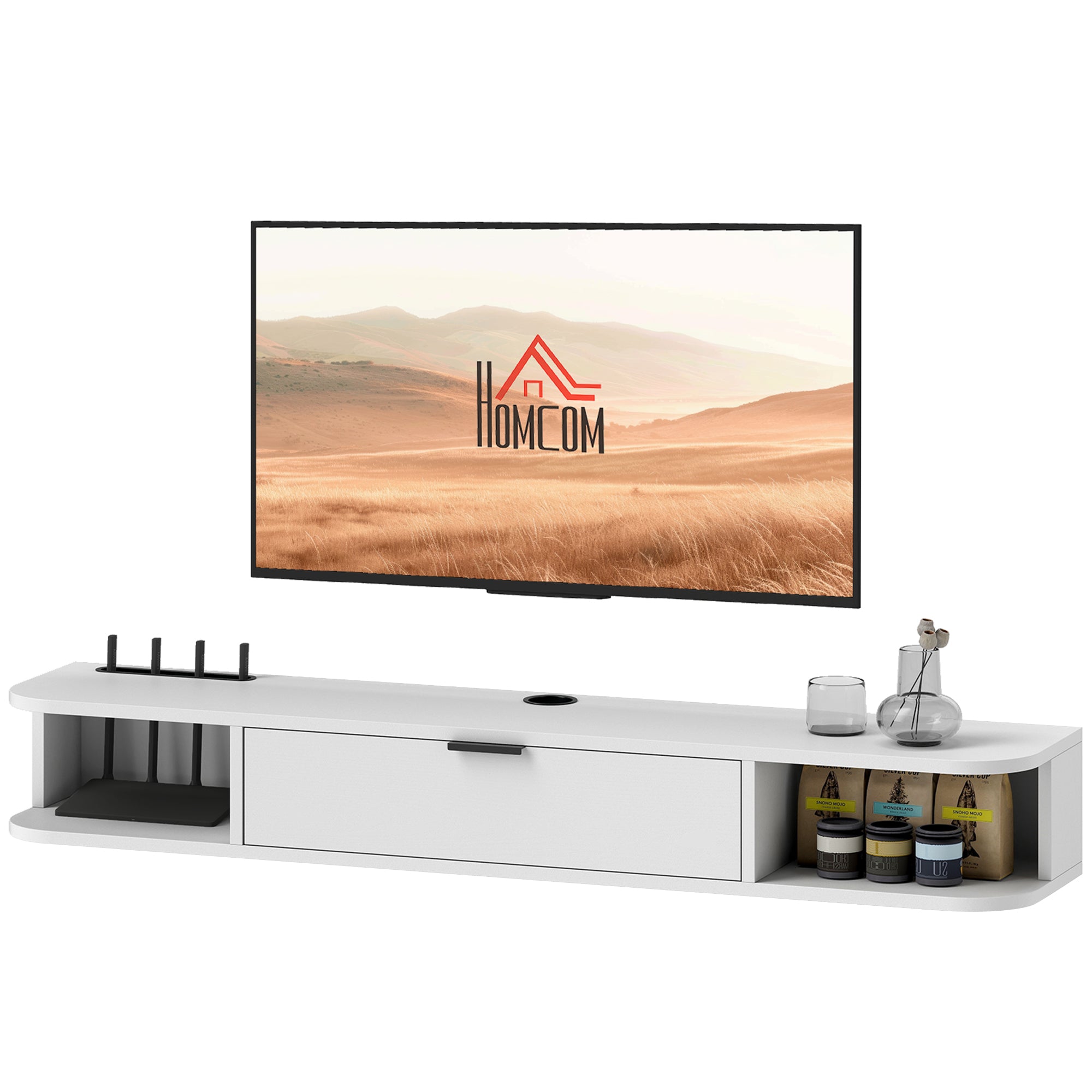 47" Floating TV Stand for TVs up to 50 Inch, Wall Mounted Media Console with Flip Drawer and 2 Open Shelves, White