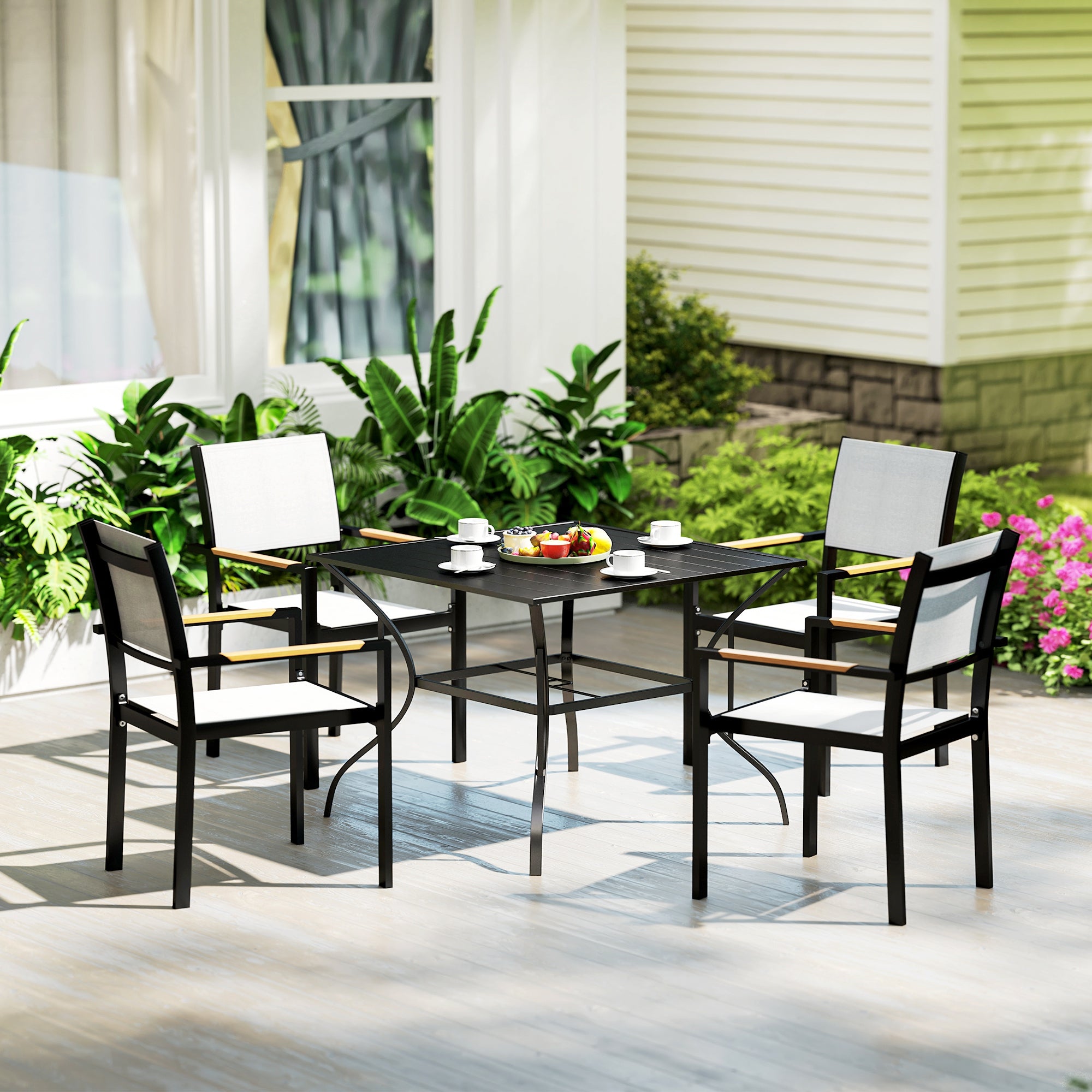 Outdoor Dining Table for Four, Patio Table with Parasol Hole, Square Garden Table with Slatted Metal Plate Top, for Backyard, Poolside, Black