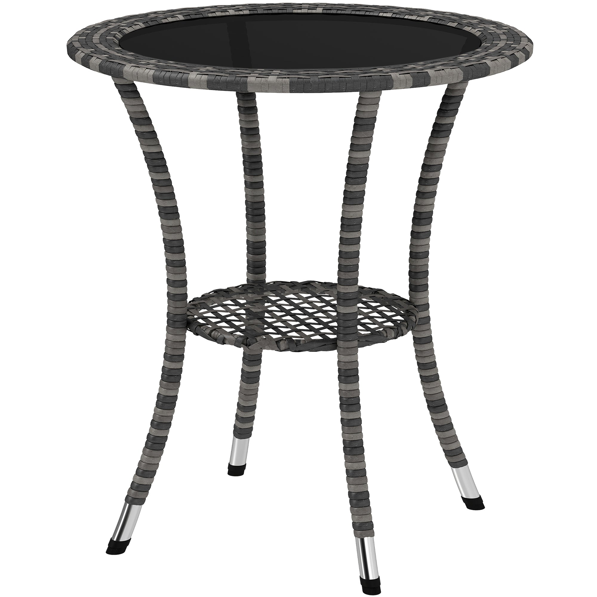 Outdoor Rattan Dining Table, Patio Wicker Round Coffee Table with 2-Tier Storage Shelf, Mixed Grey