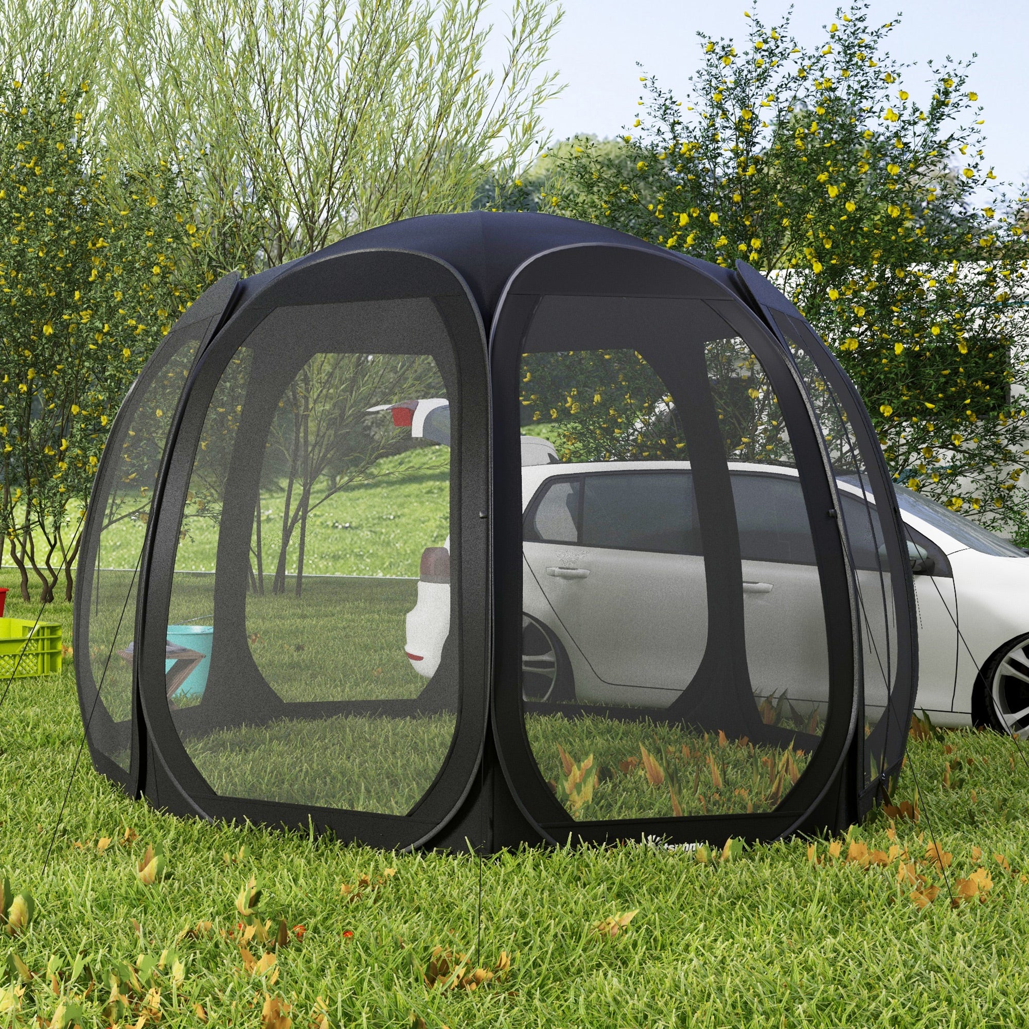 11' x 11.5' Screen Tent, Pop Up Camping Gazebo with Portable Carry Bag and 2 Doors, Black