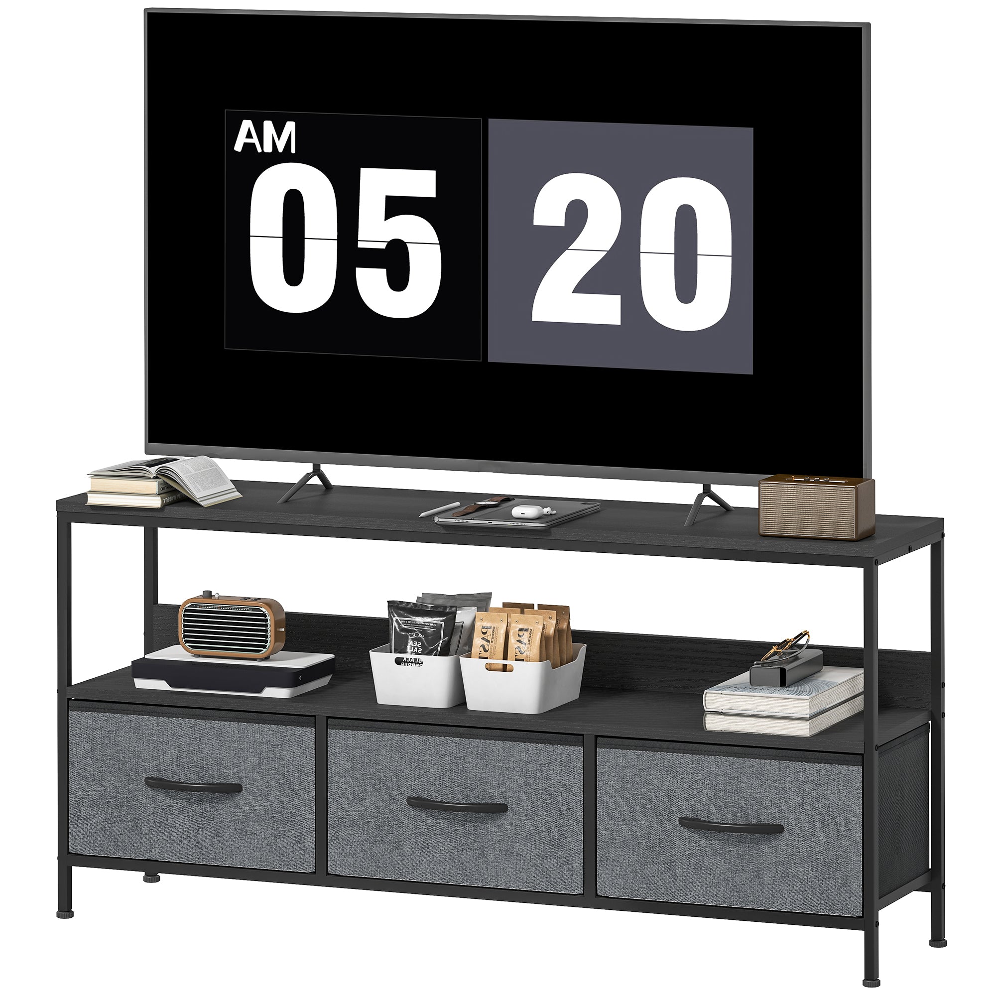 TV Stand with Charging Station, TV Table with 3 Foldable Linen Drawers and Open Shelf for 55 Inch Television, Black
