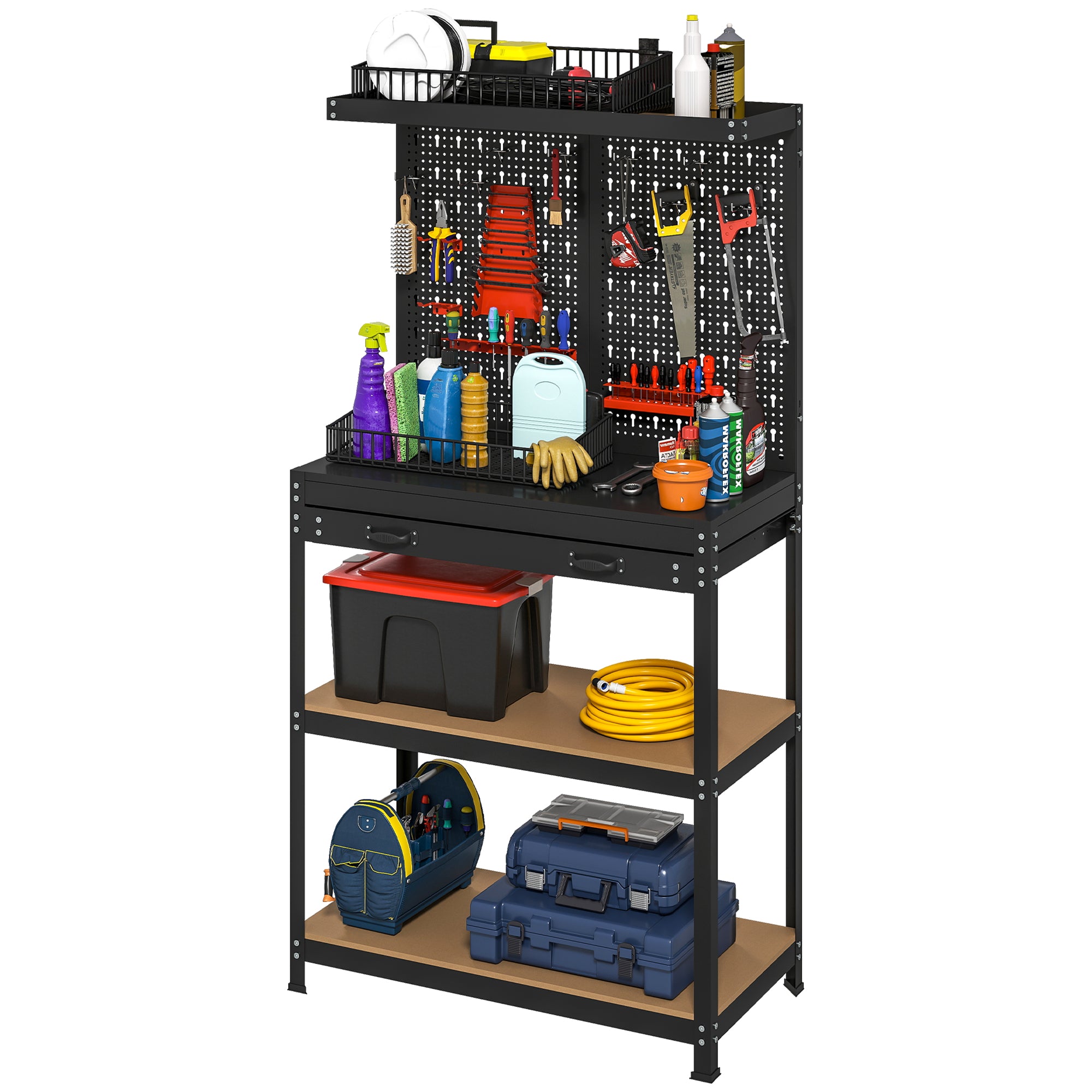 Work Bench with Pegboard, 31.5" Heavy Duty Metal Workbench with Hanging Kits, 2 Lower Shelves and Large Drawer, Black