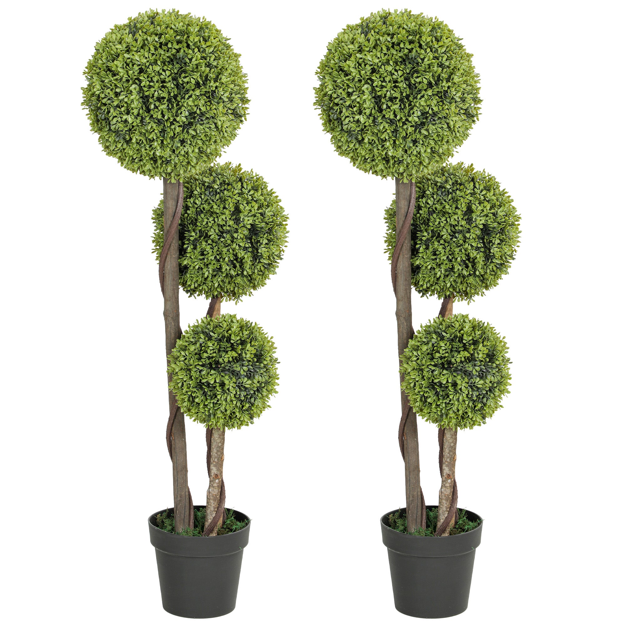 45 Inch Potted Fake Plant Set of 2, Artificial Boxwood Topiary Tree, Triple Ball Tree for Indoor and Outdoor, Green