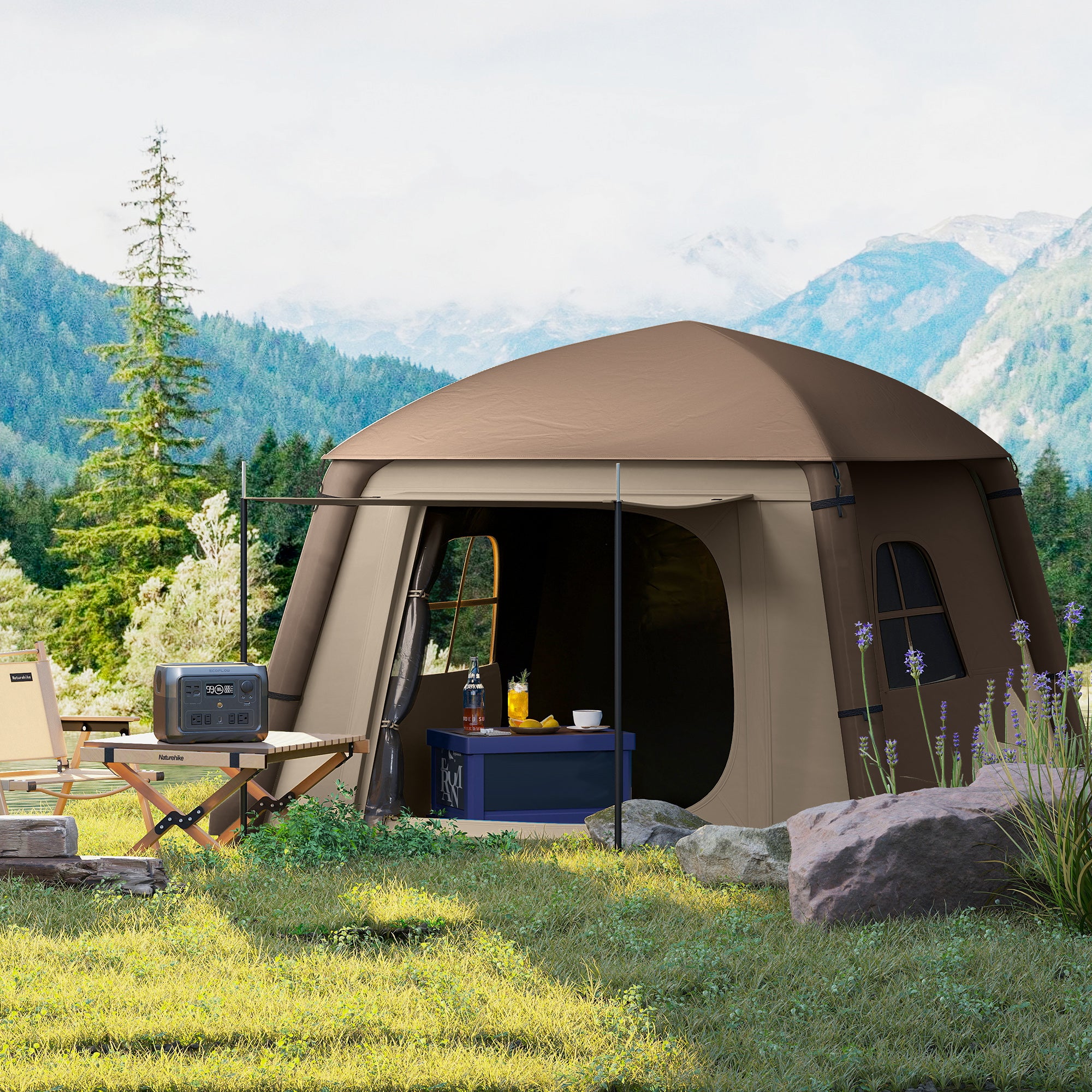 Inflatable Camping Tent, 1-2 Person Glamping Tent with Hand Pump, Blow Up Tent with Doors, Carry Bag, Khaki and Brown