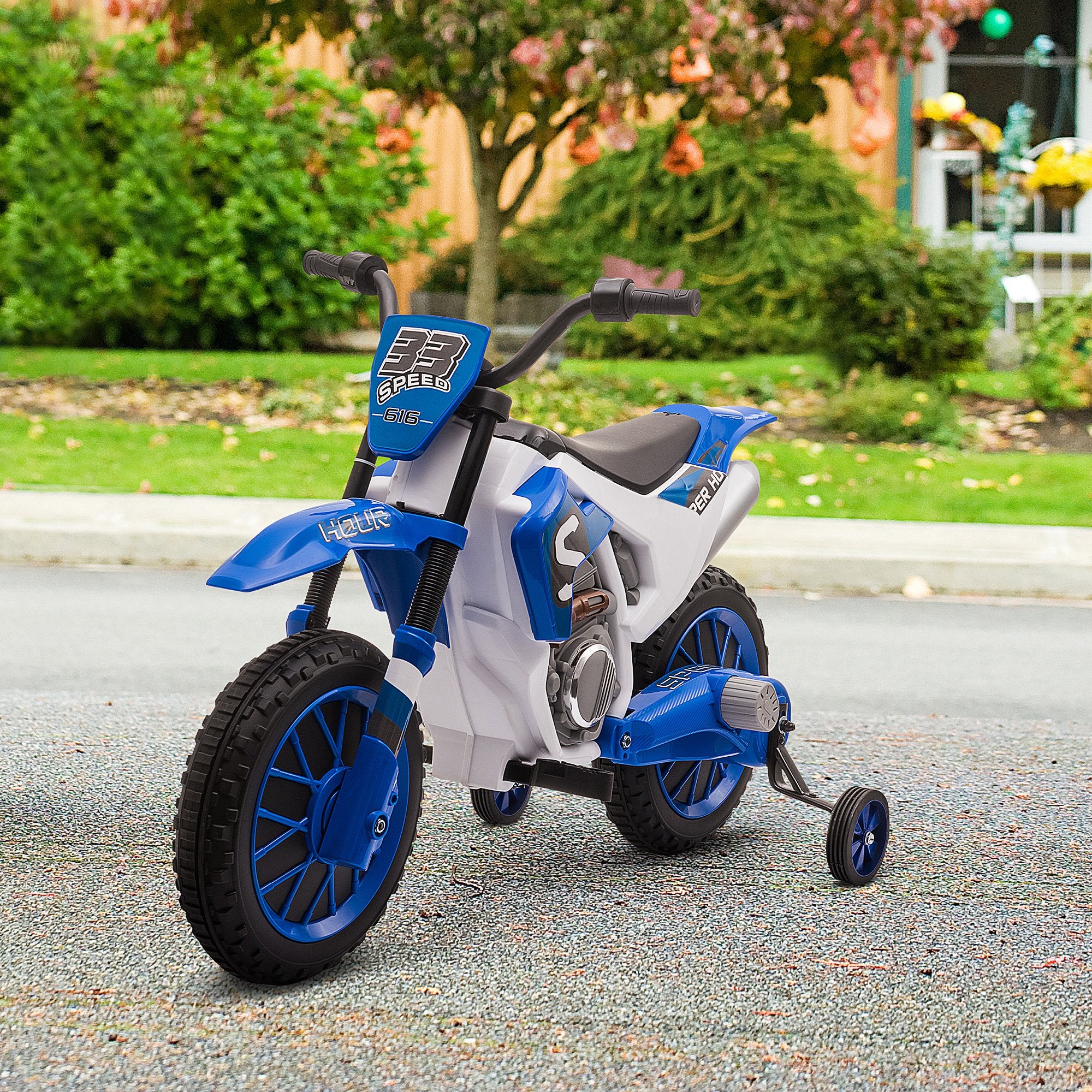 Aosom Kids Dirt Bike Battery-Powered Ride-On Electric Motorcycle with Charging 12V Battery, Training Wheels Blue