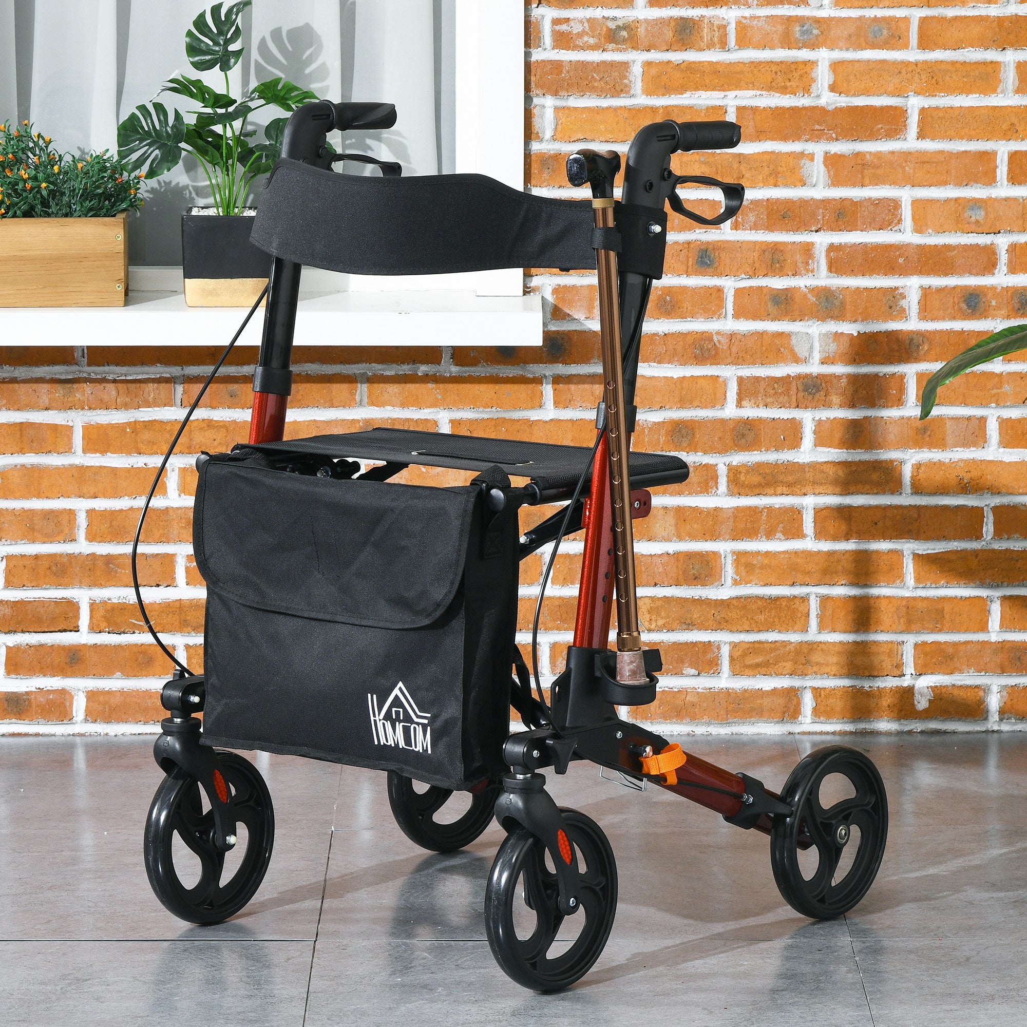 Rollator for Seniors with Seat, Back, Cane Holder, Aluminium Folding Rolling Walker with Adjustable Handle, Bag, Red