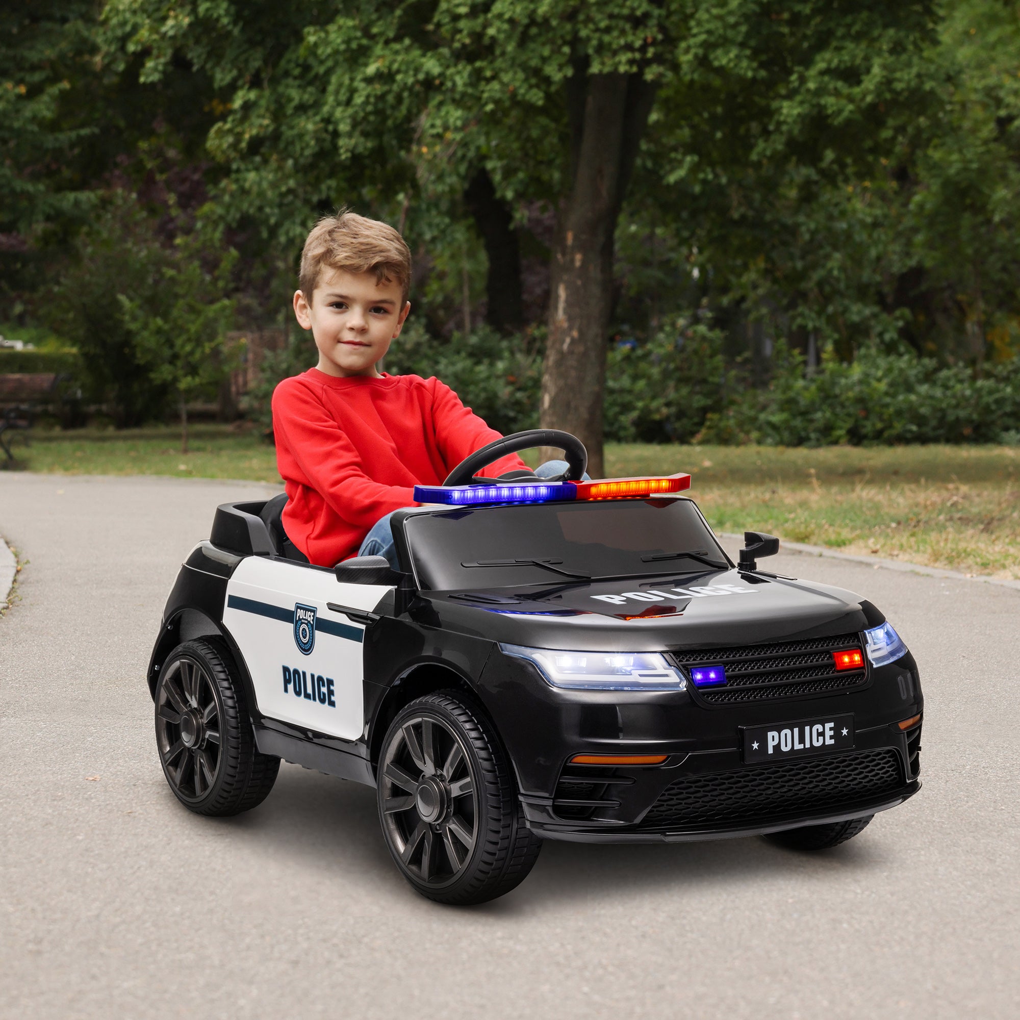 Qaba 12V Kids Electric Police Car w/ Remote Control, Spring Suspension, Transport Wheel, Siren, Music, Light, Horn, Black