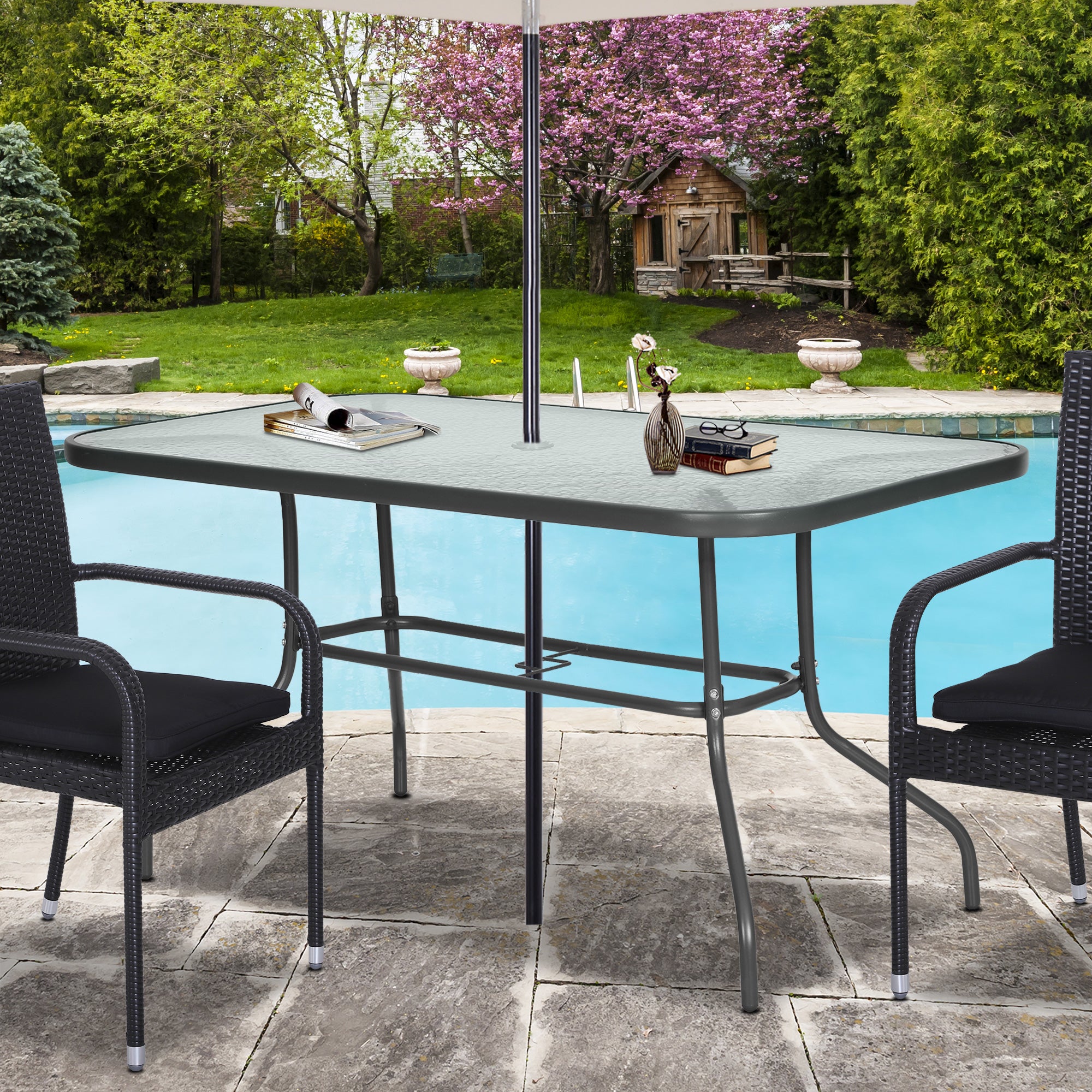 Metal Garden Dining Table with Umbrella Hole, Outdoor Patio Table with Tempered Glass Top, 55" x 31.5"