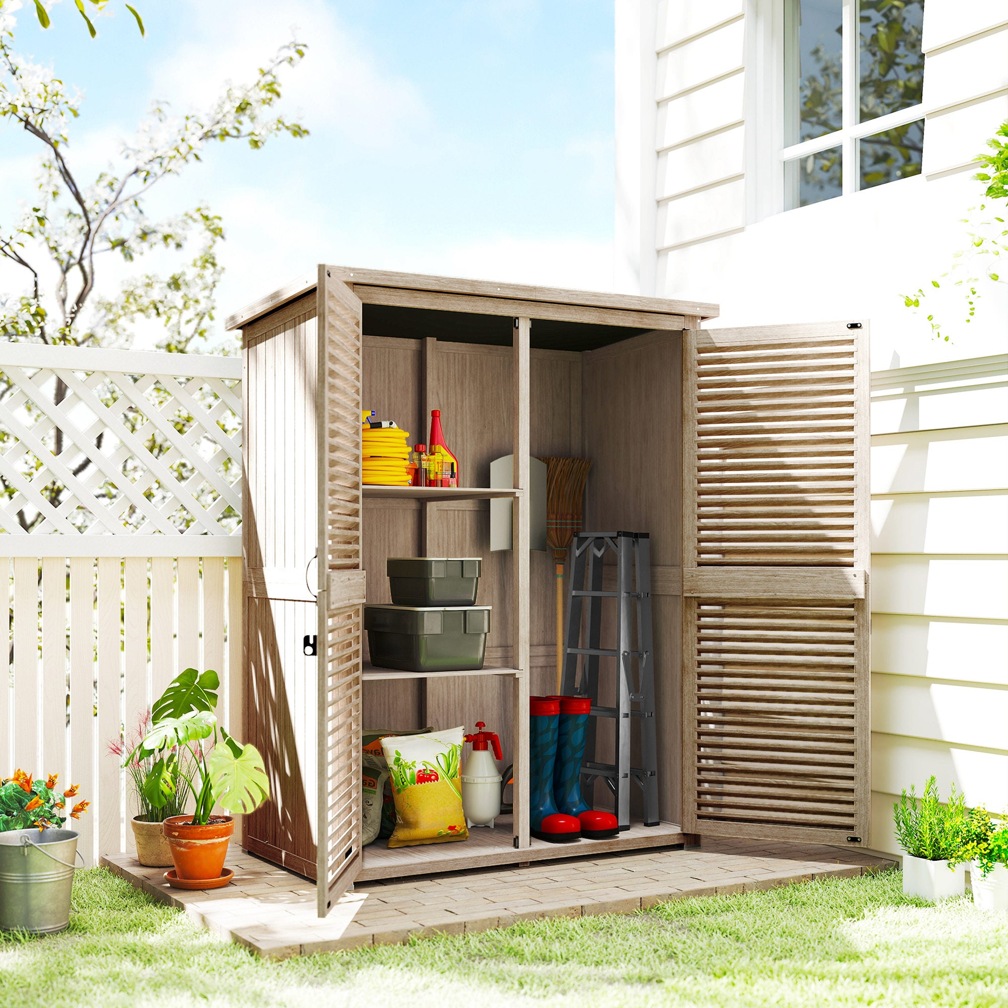 50" x 26" x 66" Wooden Garden Shed, Outdoor Storage Shed with Waterproof Asphalt Roof, Shelves, Natural