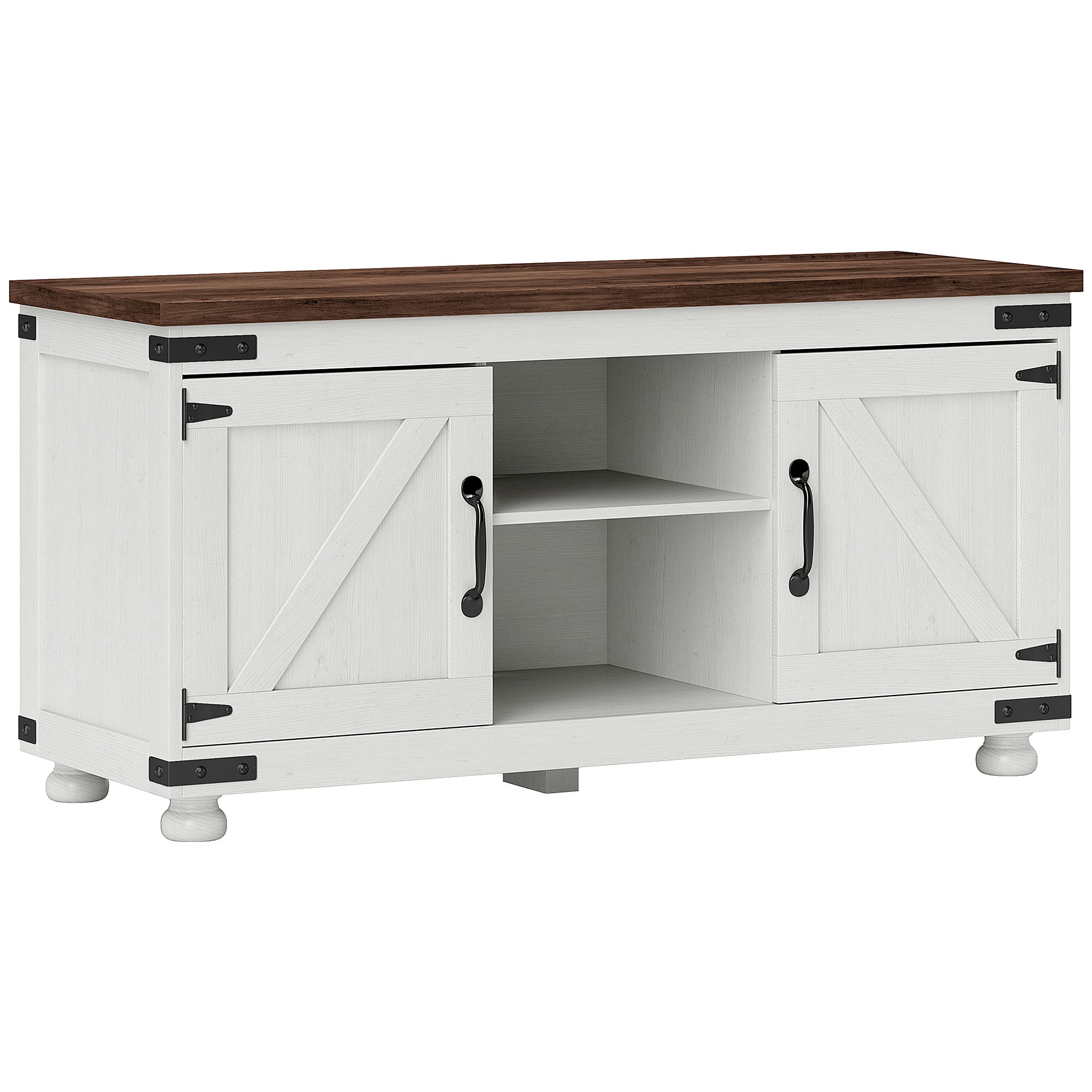 Farmhouse TV Stand for up to 50" TV, TV Cabinet with Barn Doors, Cable Management for Living Room, Distressed White