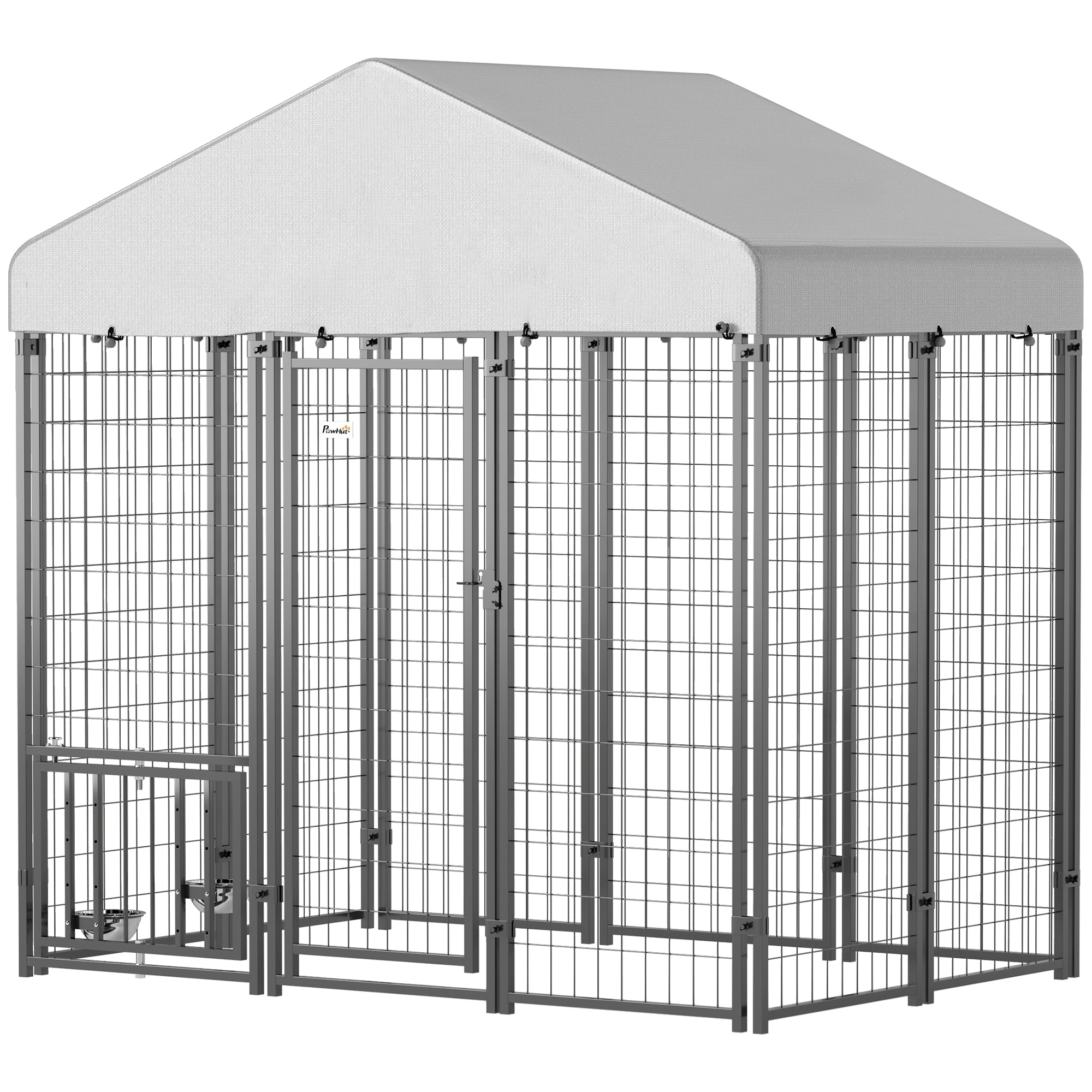 Outdoor Dog Kennel with Waterproof UV-Resistant Cover, Rotating & 4-Level Adjustable Feeding Bowls, 5.9 x 4 x 6 ft