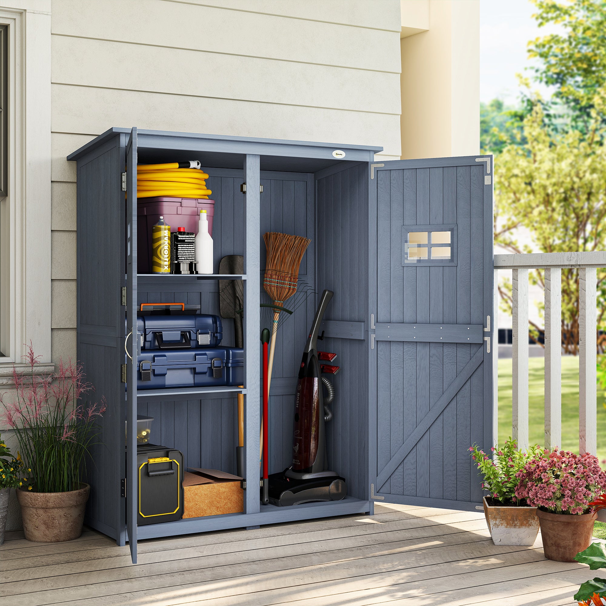 4x1.5ft Wooden Garden Storage Shed, Outdoor Tool Cabinet Organizer with Windows and Double Door, Dark Grey