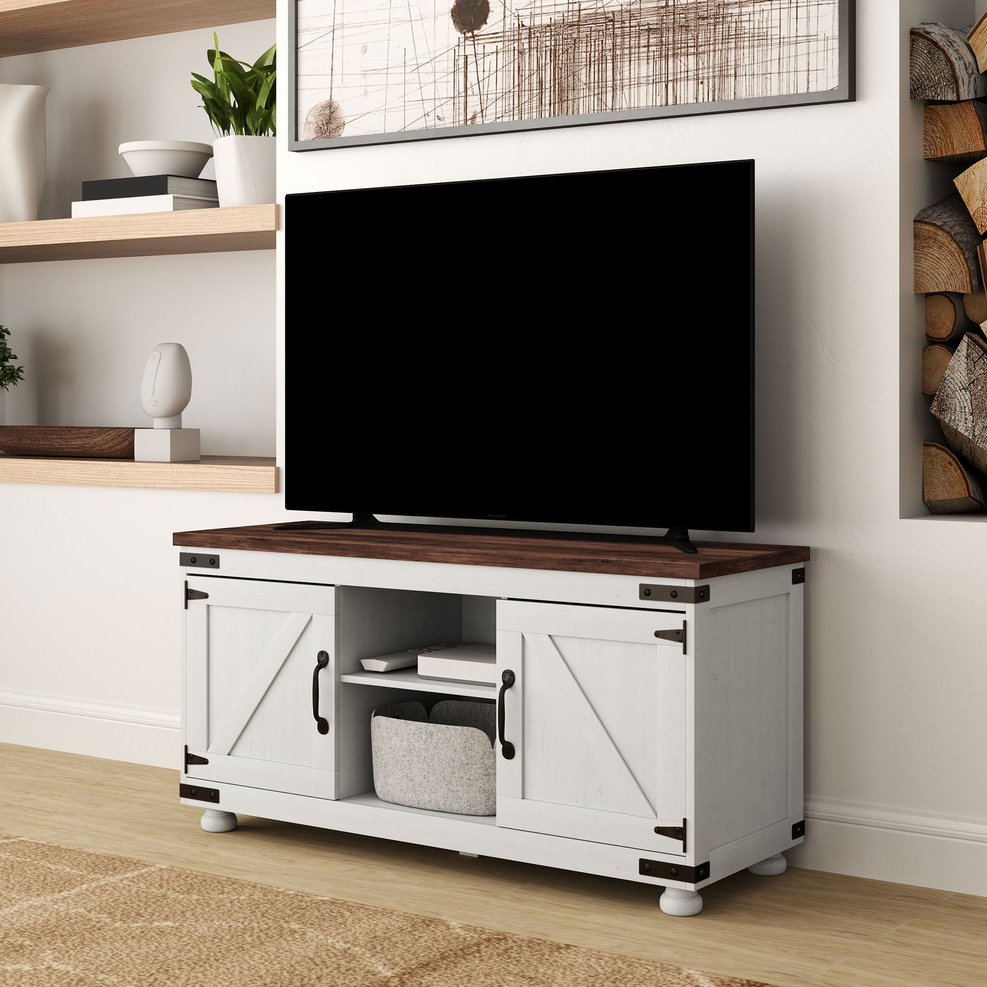 Farmhouse TV Stand for up to 50" TV, TV Cabinet with Barn Doors, Cable Management for Living Room, Distressed White