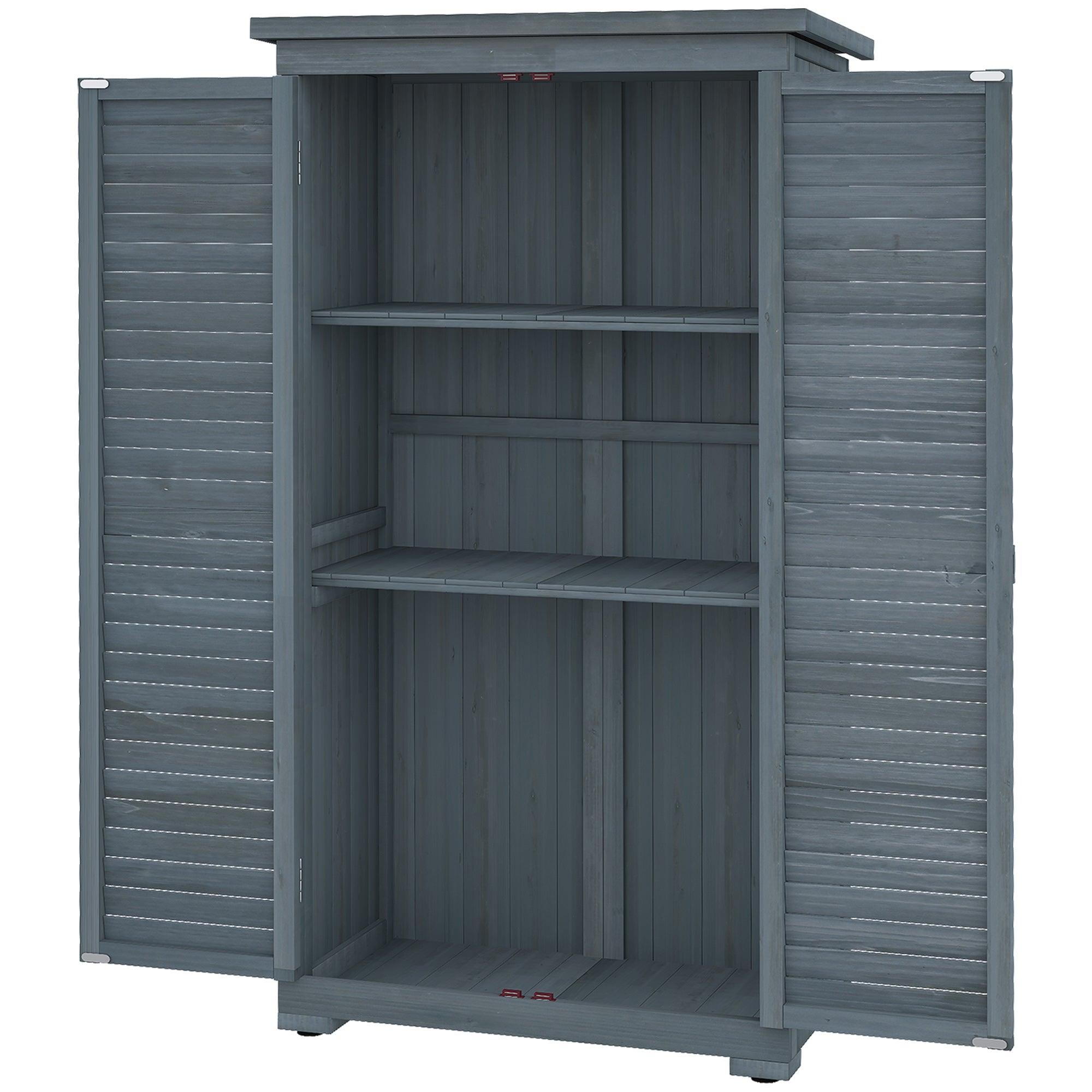 Outdoor Garden Shed, Wooden Tool Storage Shed, 3-Tier Shelves, Asphalt Roof, Shutter Doors, 34.3" x 18.3" x 63", Grey