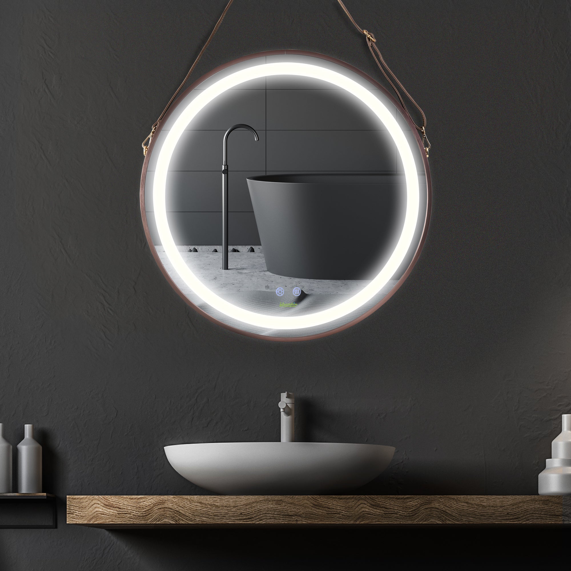 24'' Round Led Bathroom Mirror, Dimmable Anti Fog Wall-Mounted Mirror with 3 Temperature Colors, Plug-in, Rose Gold