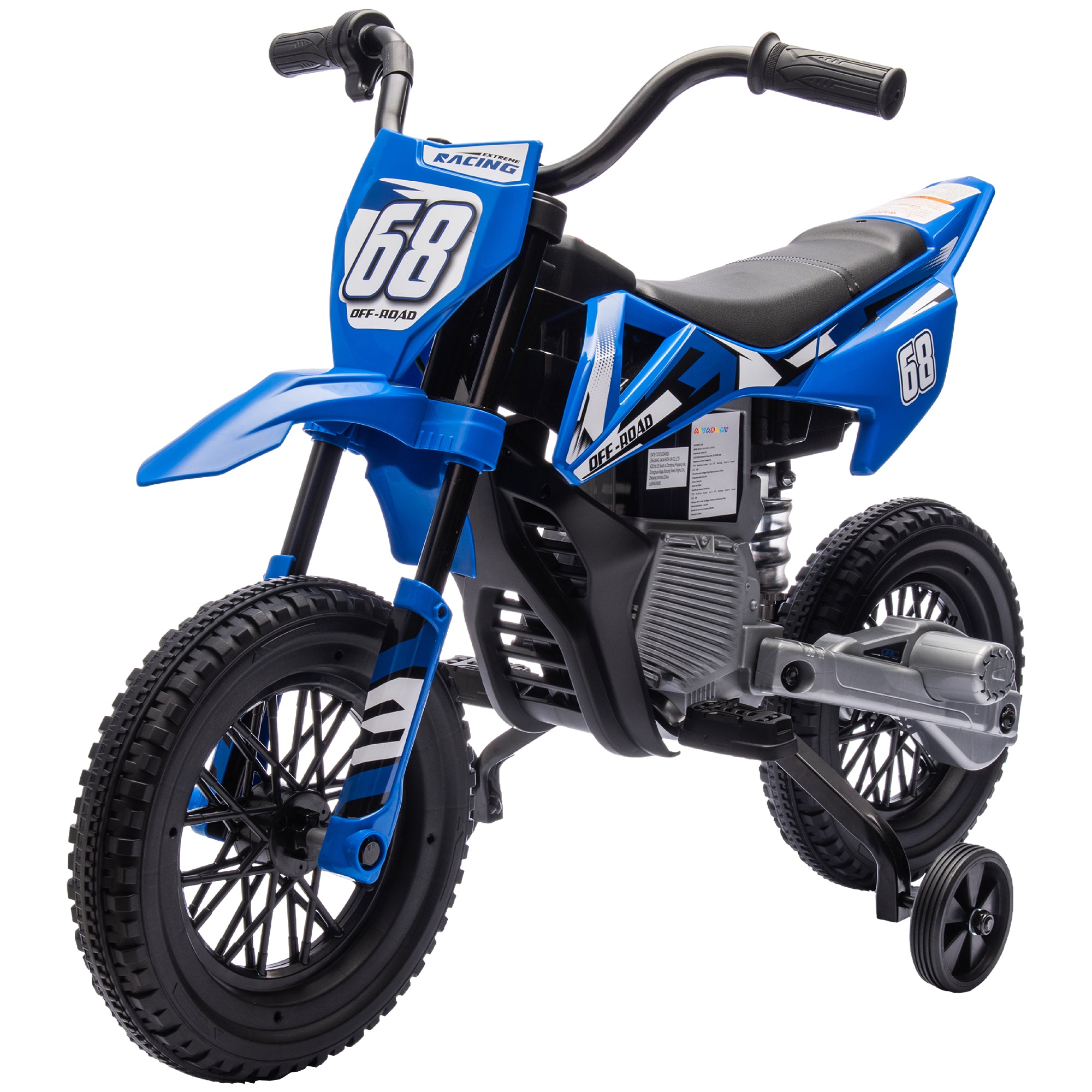 Qaba 12V Kids Dirt Bike, Electric Motorcycle with Twist Grip Throttle, Training Wheels, Rear Suspension & Music, Blue