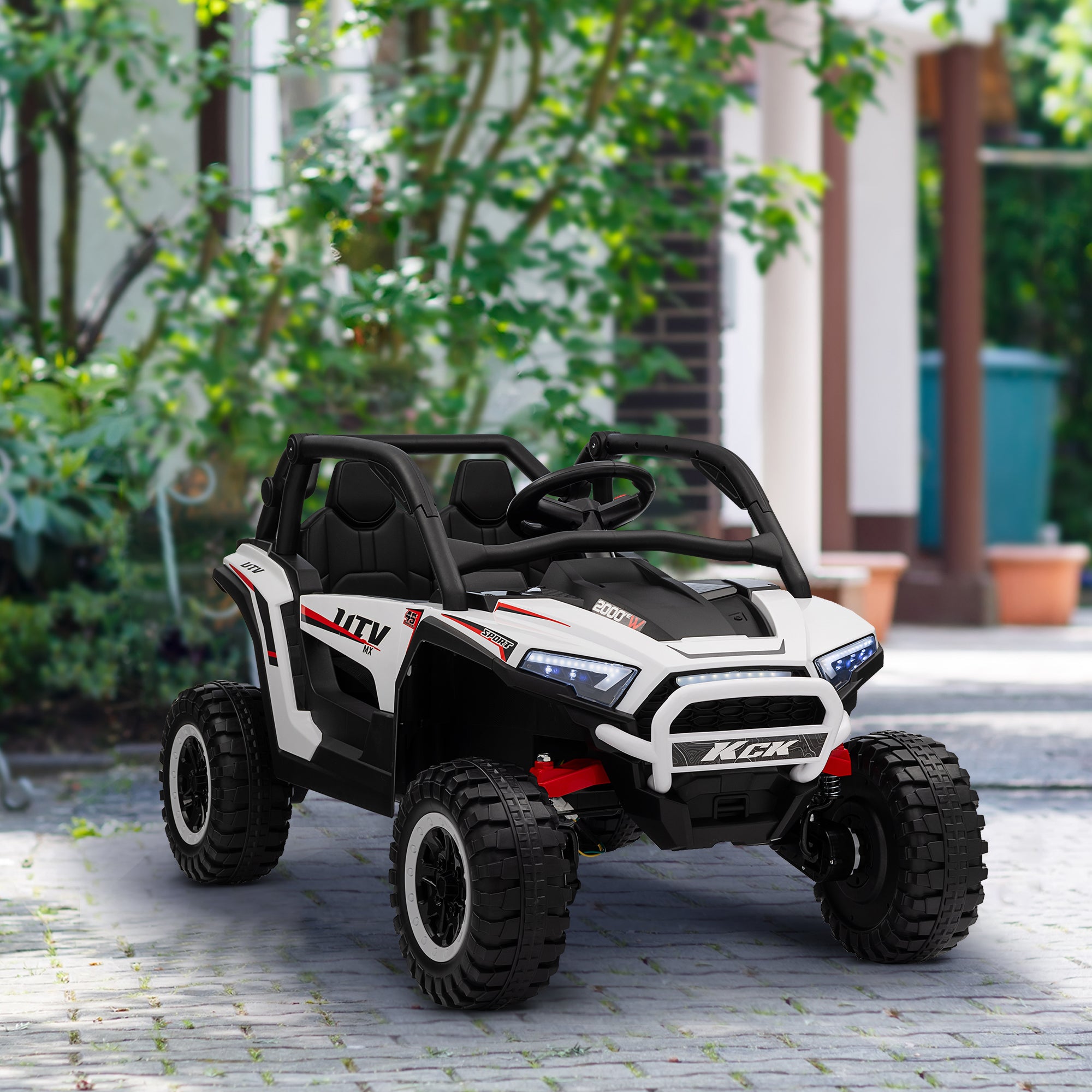 Qaba 2 Seater 24V 7AH Ride on Truck, Electric Car for Kids w/ Spring Suspension, Remote Lights, Horn, Music, White