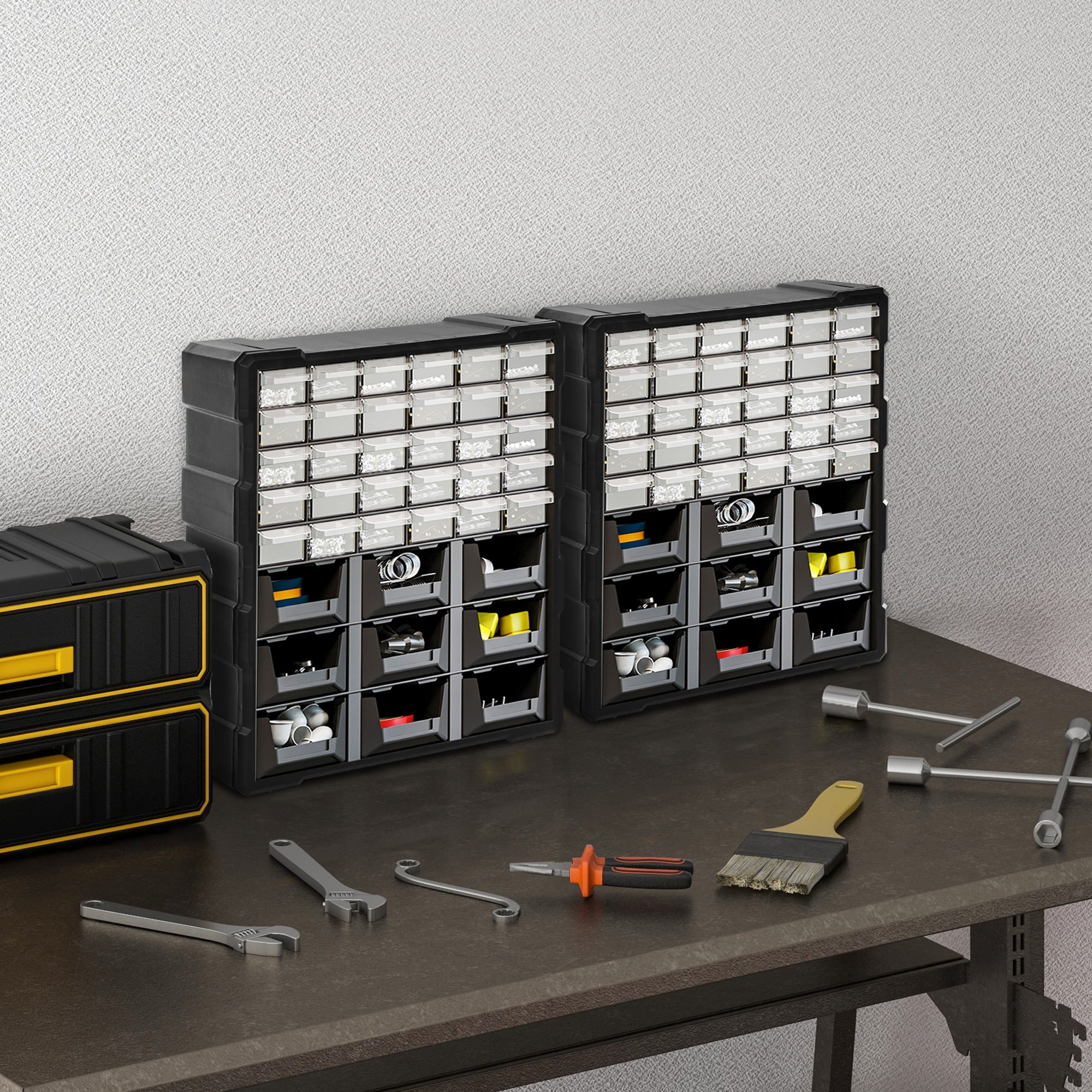 Plastic 39 Drawer Parts Organiser Wall Mount Storage Cabinet for Small Nuts Bolts Tool Set of 2 Black