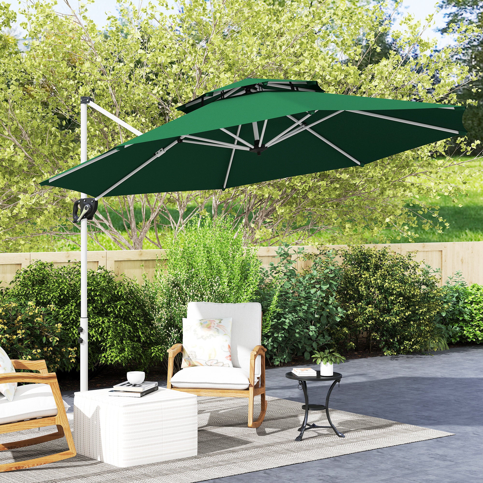 10 FT Cantilever Patio Umbrella with 360° Rotation & Adjustable Height, Cross Base, Crank and Tilt, Dark Green