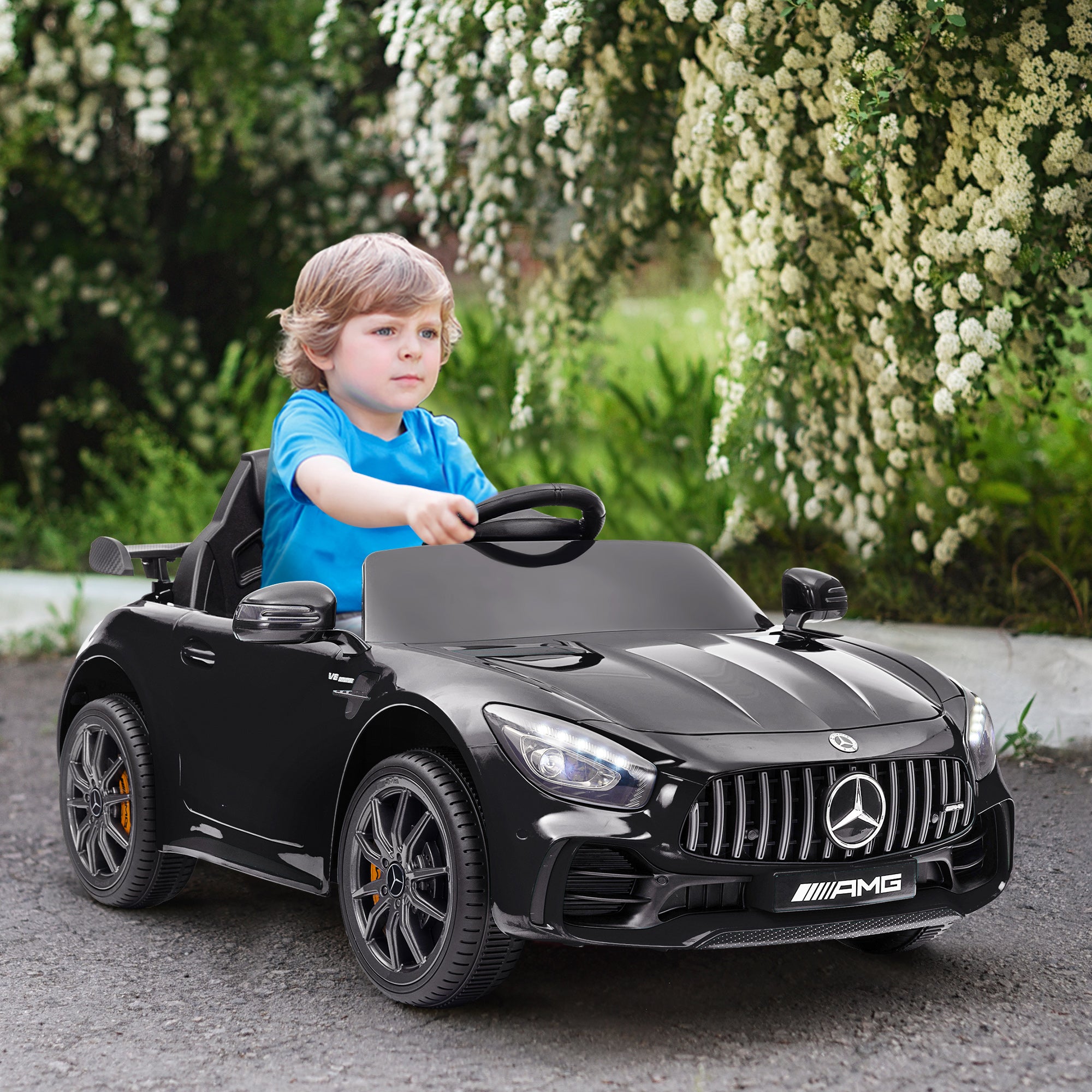Qaba Mercedes-Benz AMG GTR Licensed 12V Battery Powered Kids Electric Car w/ Remote, Soft Start, Lights, Music Horn, Black