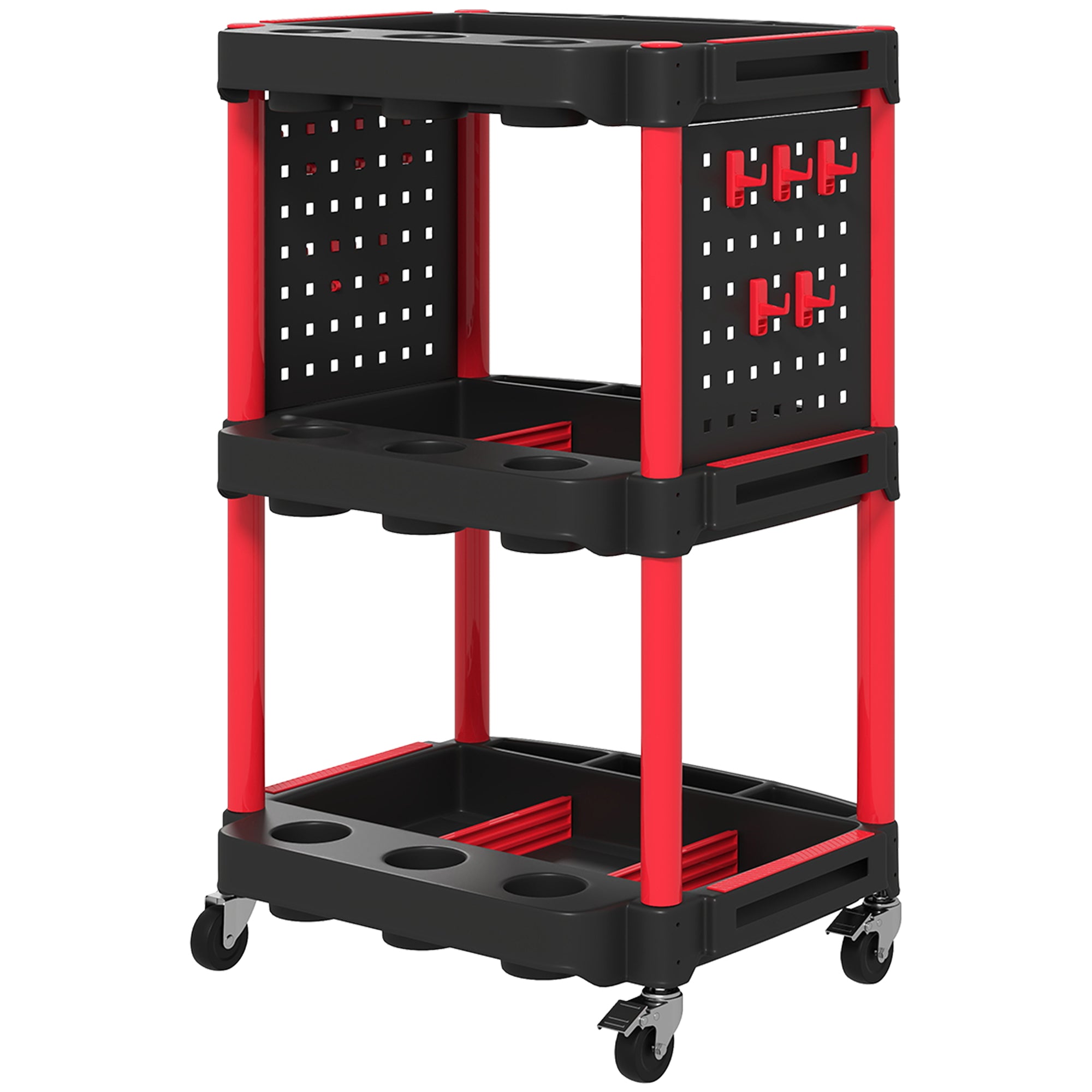 3-Tier Rolling Tool Cart with Wheels, 200 LBS Capacity Plastic Utility Cart for Garage, Warehouse, Workshop, Black & Red