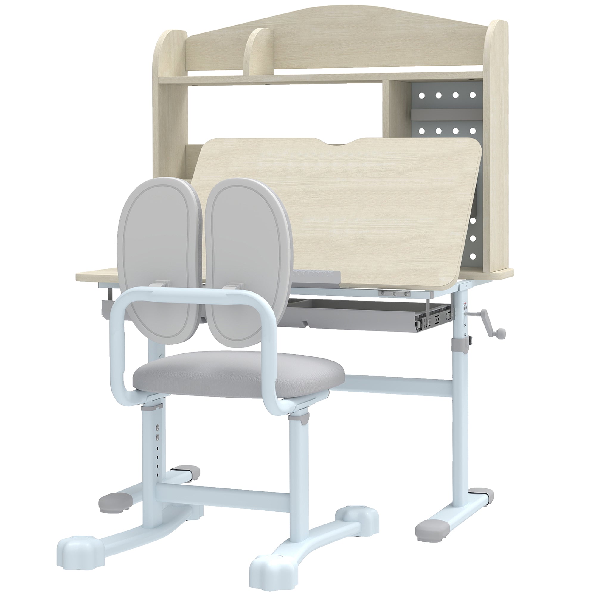 Qaba Kids Desk and Chair Set with Tilting Desktop, Adjustable Height, Drawer and Shelves for Boys Girls Ages 3-12, Grey