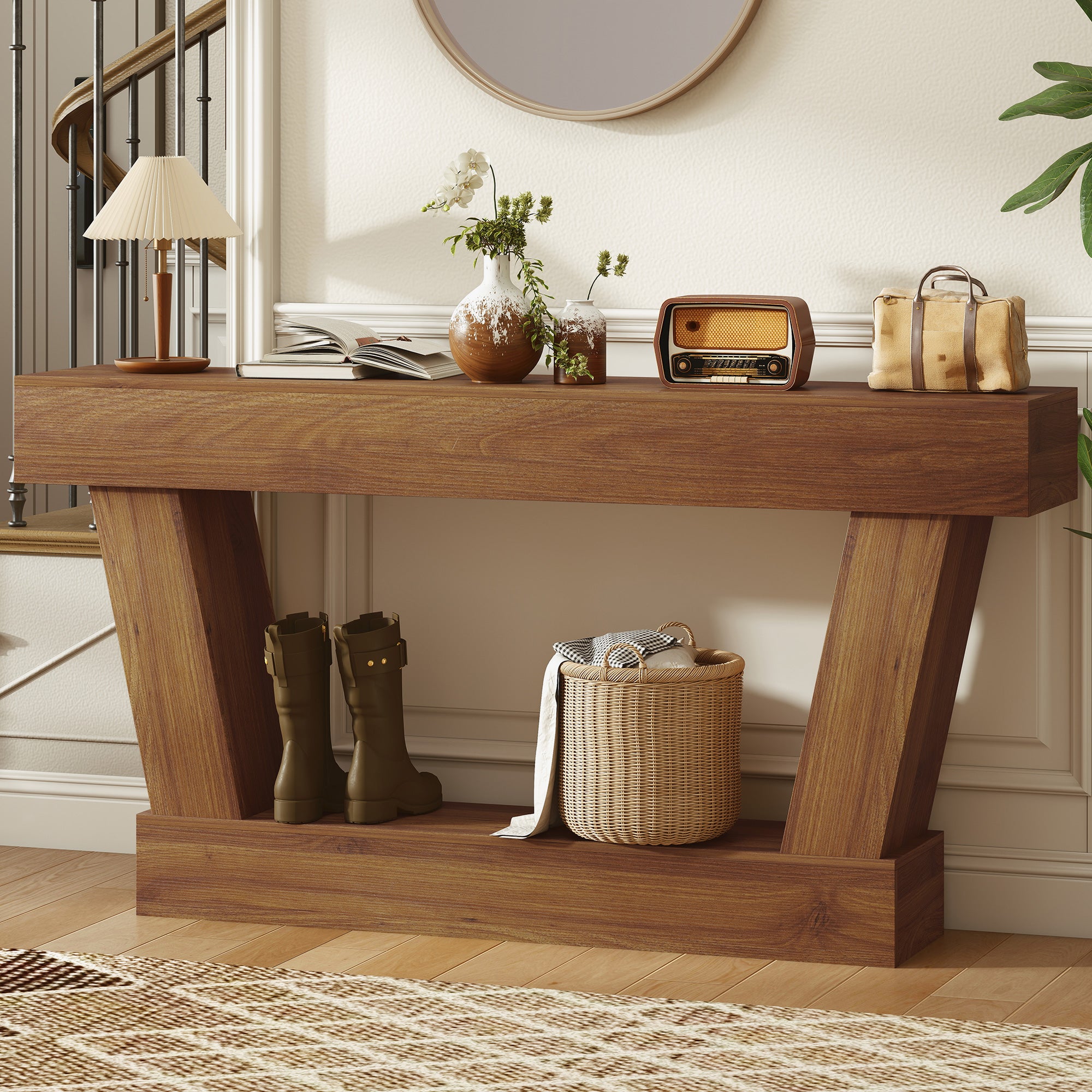 63 Inch Vintage Console Table, Narrow Entryway Table with Open Shelf for Living Room, Dark Brown