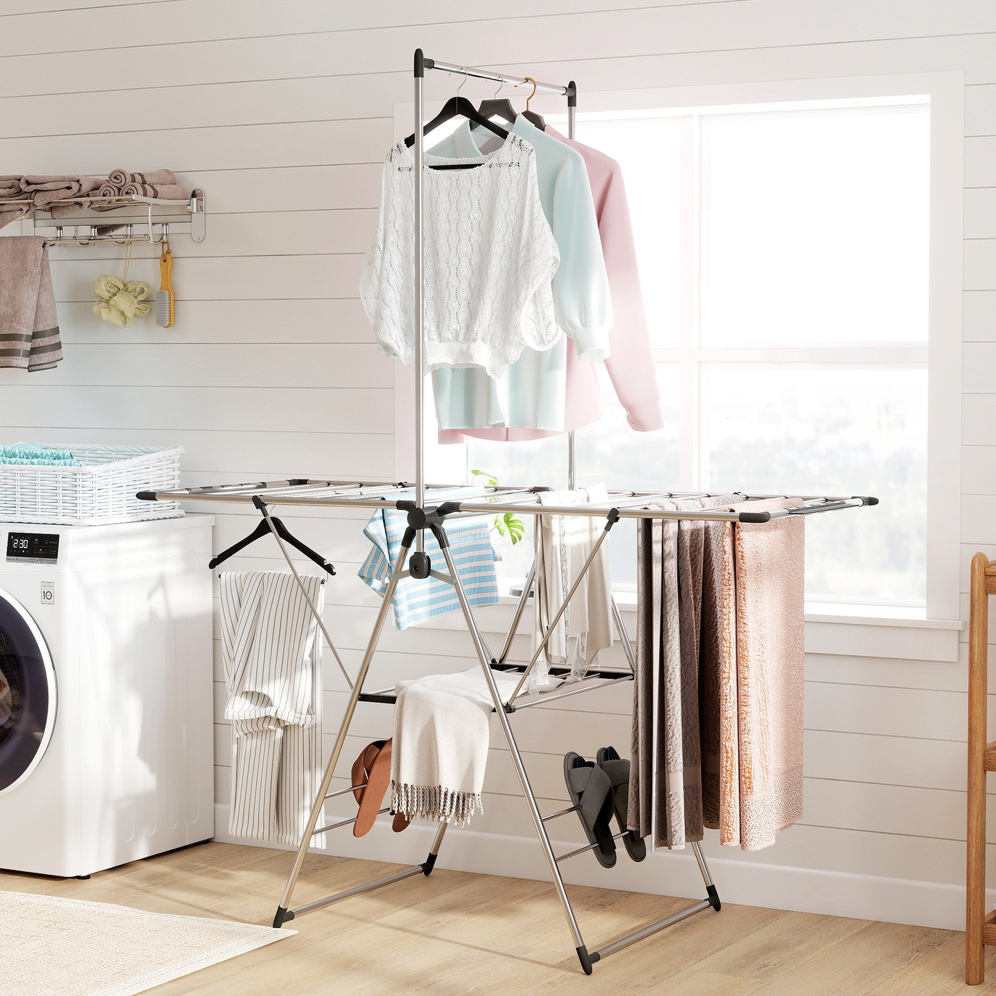 Clothes Drying Rack, Foldable Stainless Steel Laundry Drying Rack with Adjustable Gullwings and Shoe Holders, Silver