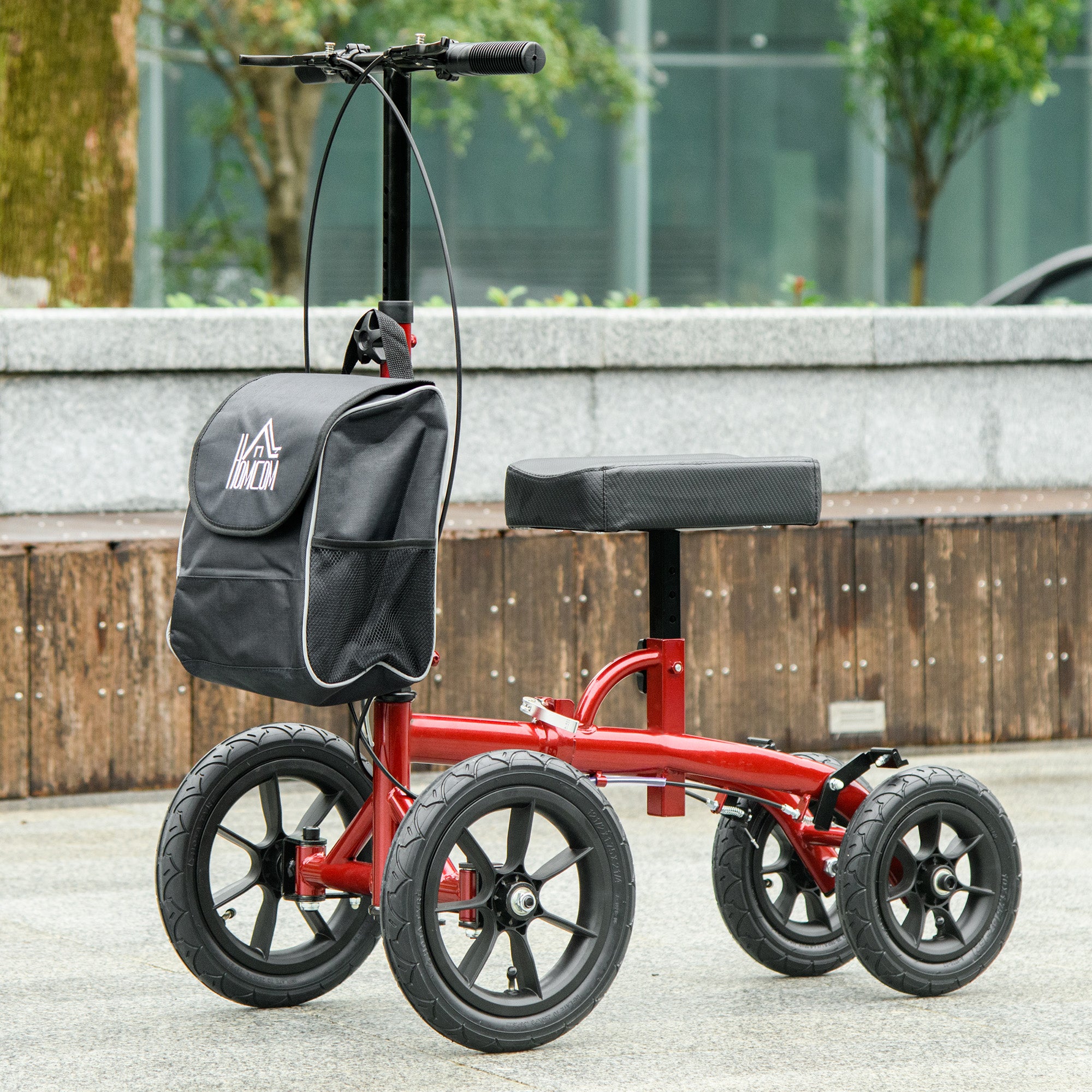 Adjustable Steerable Knee Walker, Foldable Knee Scooter with Rubber Wheels, Dual Brake, Crutch Alternative, Red